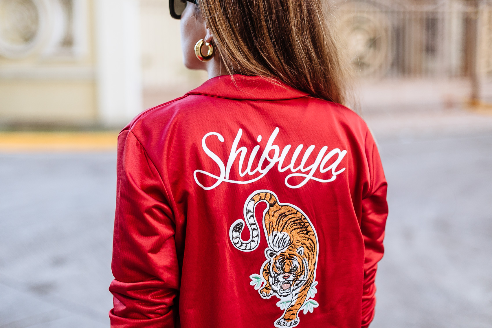 Gucci inspired red satin jacket with embroidery on the back