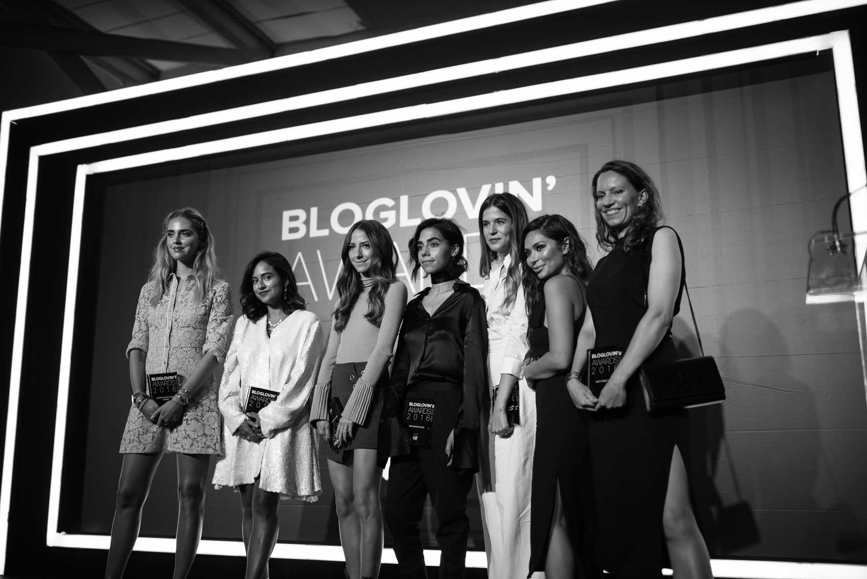 The winners of the 2016 Bloglovin Awards: Chiara Ferragni, Arielle Noa Charnas, Maristella Gonzalez, Marianna Hewitt and Sandra Semburg