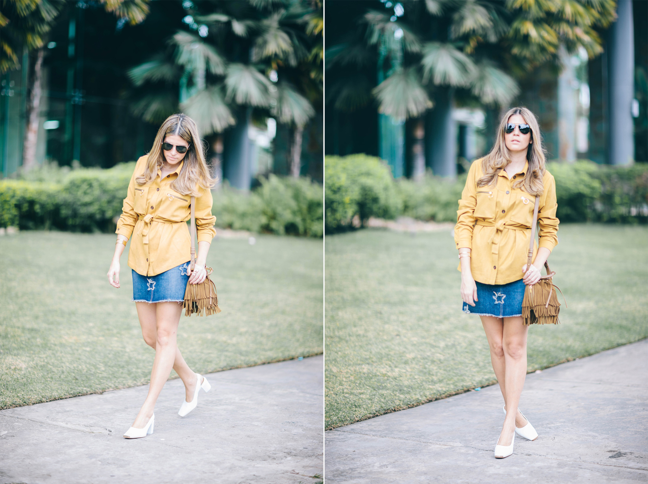 Latina blogger Maristella Gonzalez of A Constellation wears Saint Laurent fringe bag and denim skirt with an H&M belted jacket, & Other Stories shoes and Ralph Lauren sunglasses
