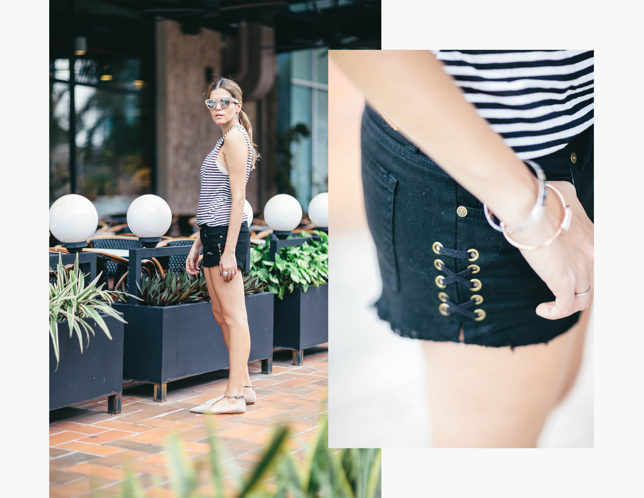 Blogger Maristella wears Billabong side tie denim shorts in black