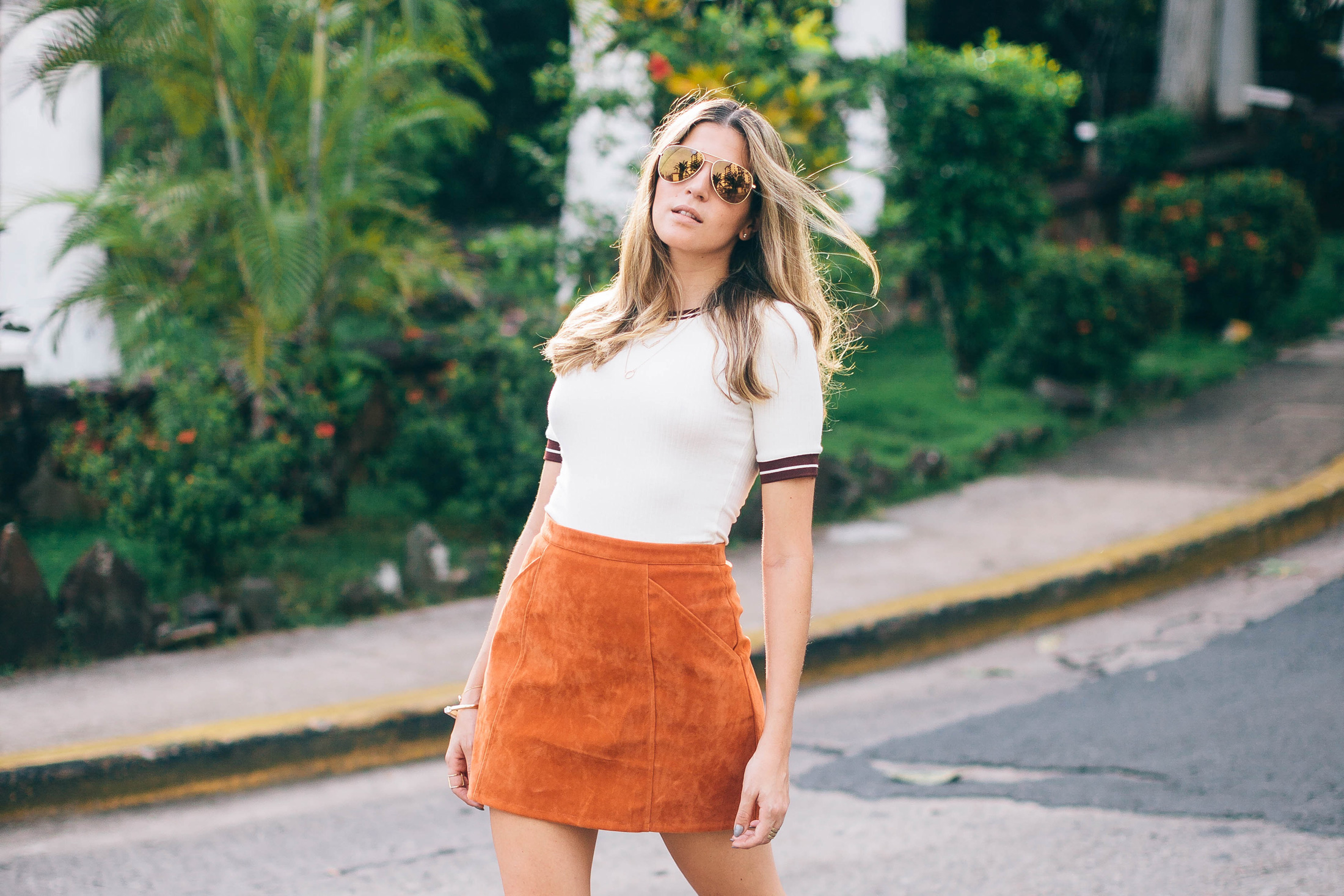 Suede A Line Skirt by Minkpink and fitted ribbed top by H&M, Saint Laurent gold mirrored aviator sunglasses