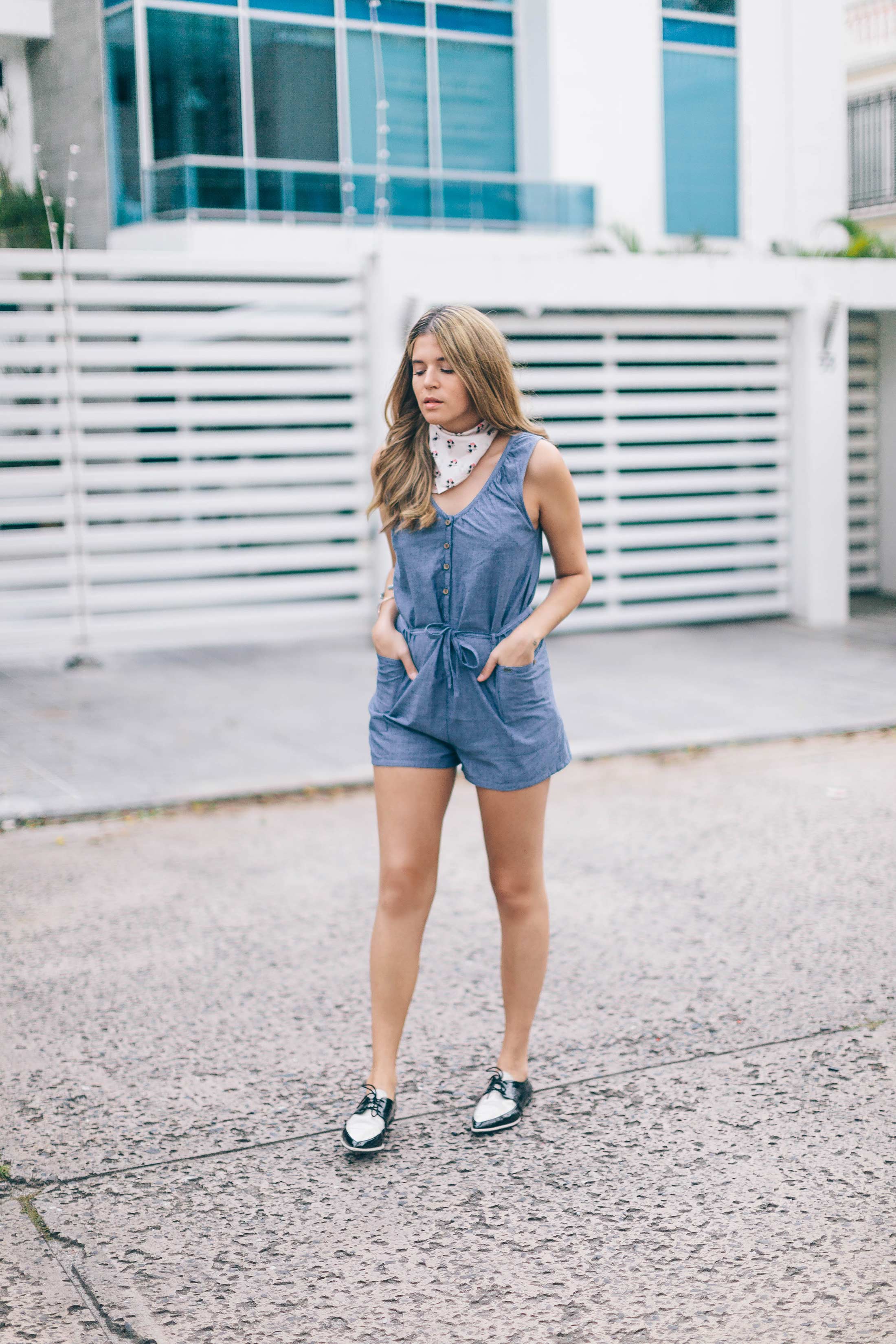 Chambray onesie perfect for summer BBQs, concerts or weekend getaways
