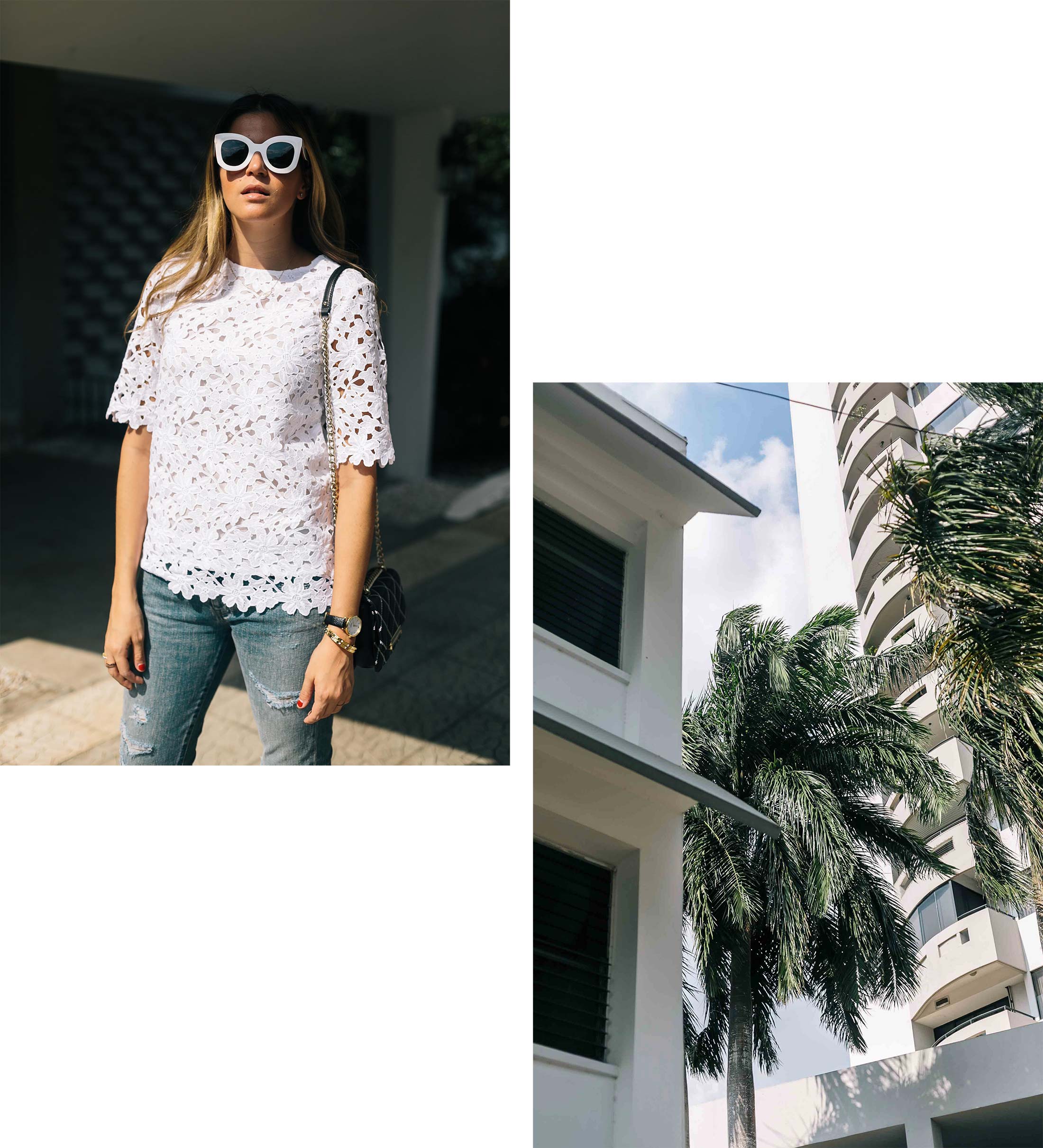 Spanish Latina blogger Maristella wearing a casual white lace and jeans look for spring summer 2016