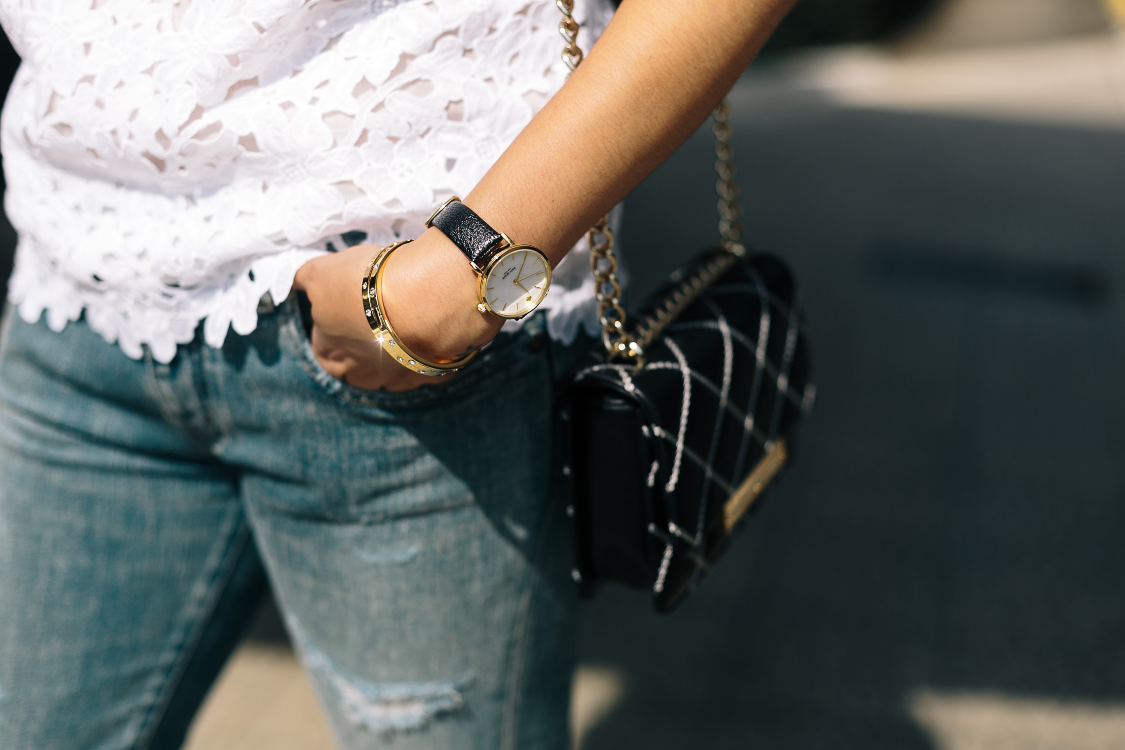 Outfit details: Kate Spade white lace top, Kate Spade minimalism watch, Cartier style bangles from Kate Spade, black and white quilted shoulder bag from Kate Spade