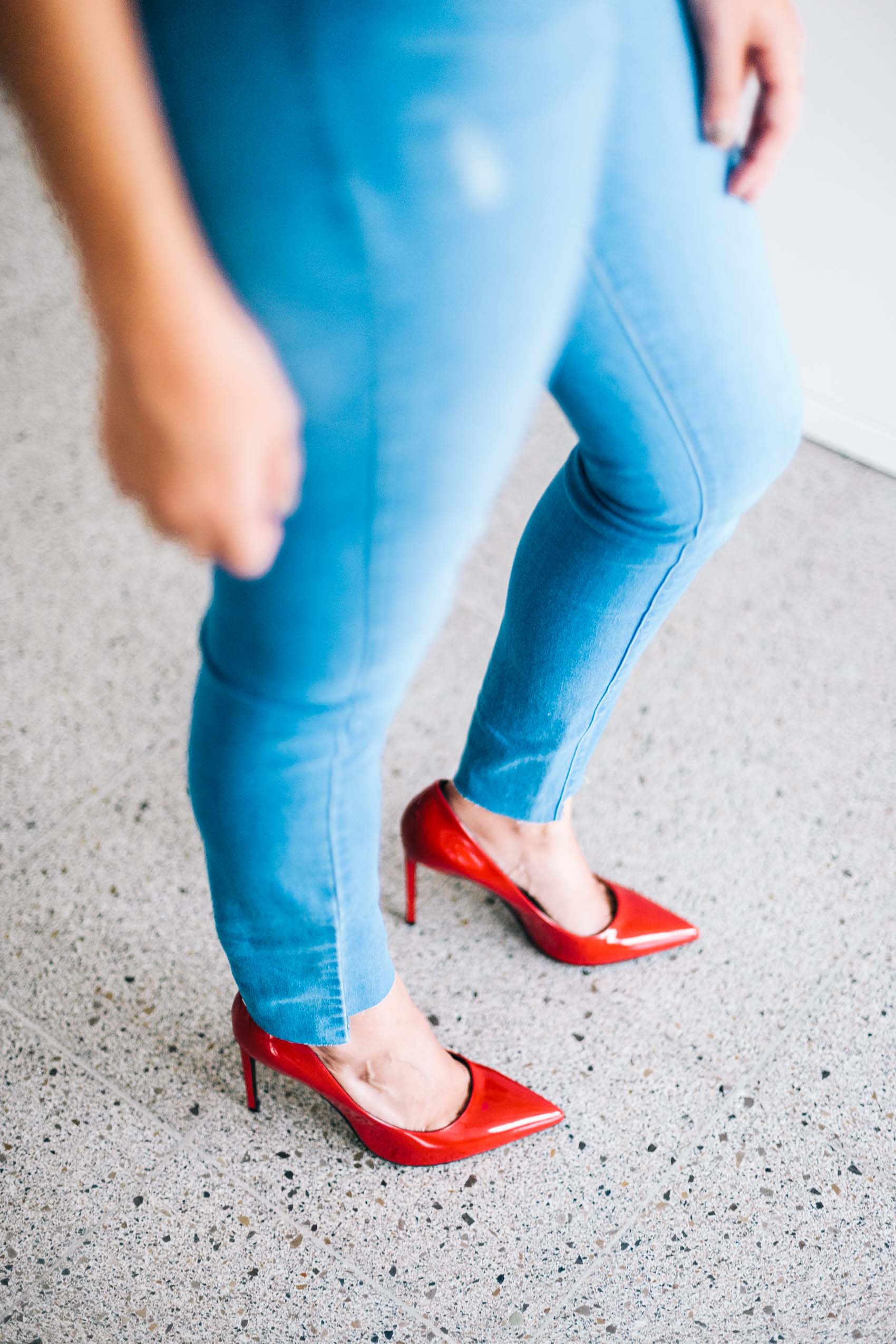 DIY cut ankle skinny jeans, red Saint Laurent Paris patent pumps