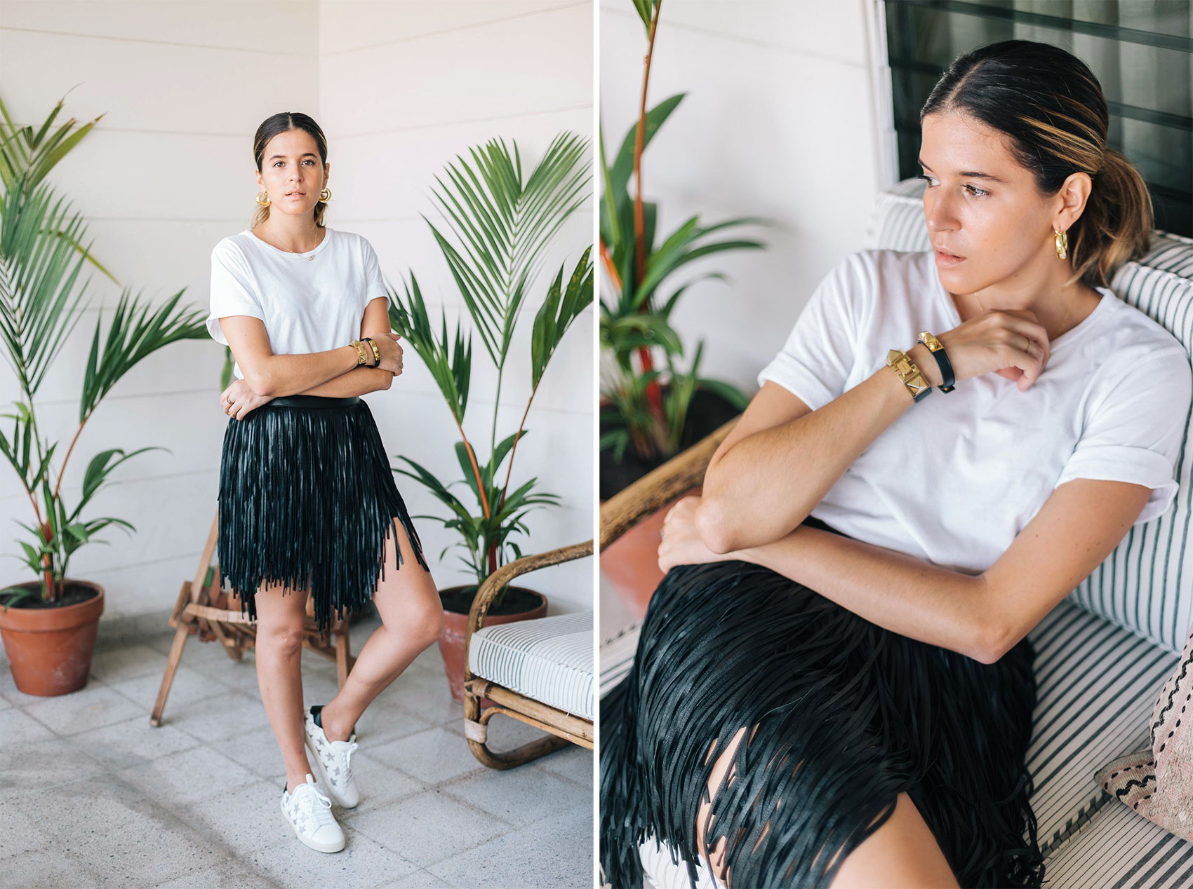 Maristella Gonzalez outfit collage, cute black and white outfit idea, easy monochromatic outfit idea, how to wear fringe everyday, how to wear a skirt with sneakers, plain white t-shirt outfit idea