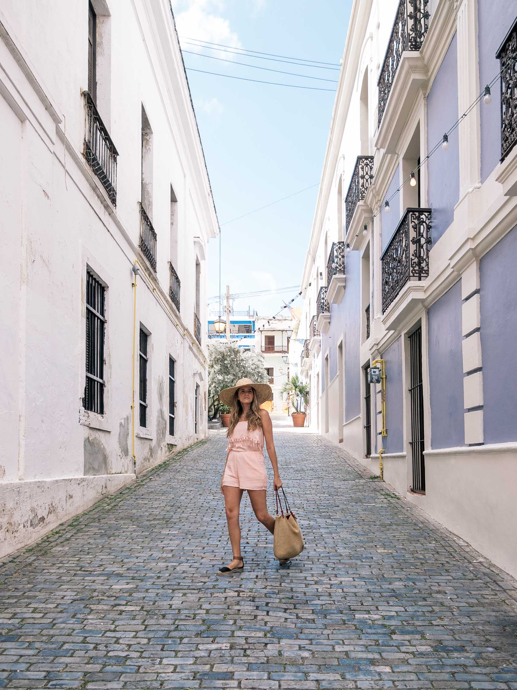 Cobblestone streets and colonial architecture of Old San Juan in Puerto Rico