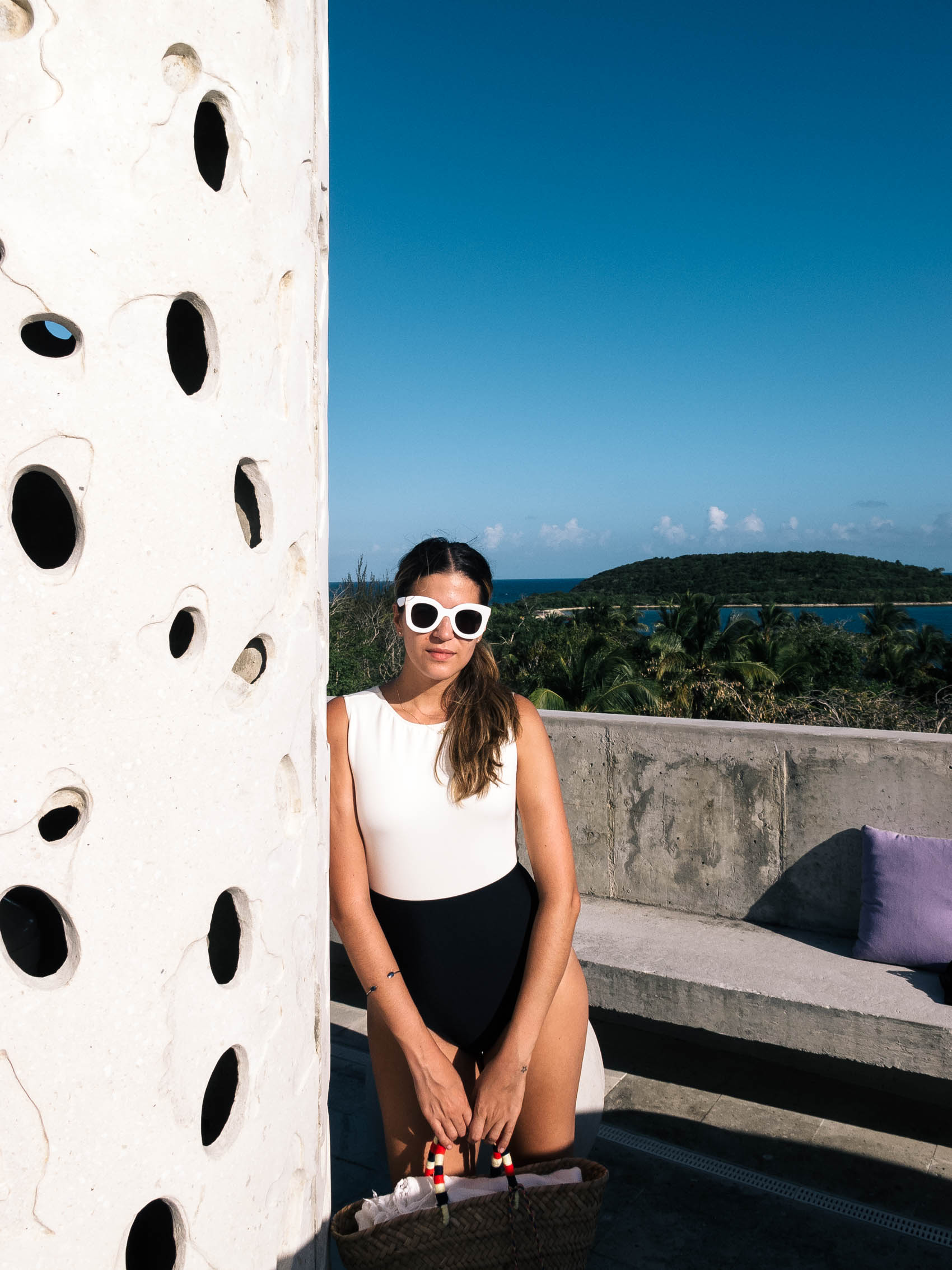 Maristella wears a one piece bathing suit by Lenny Niemeyer at El Blok hotel in Vieques Island Puerto Rico