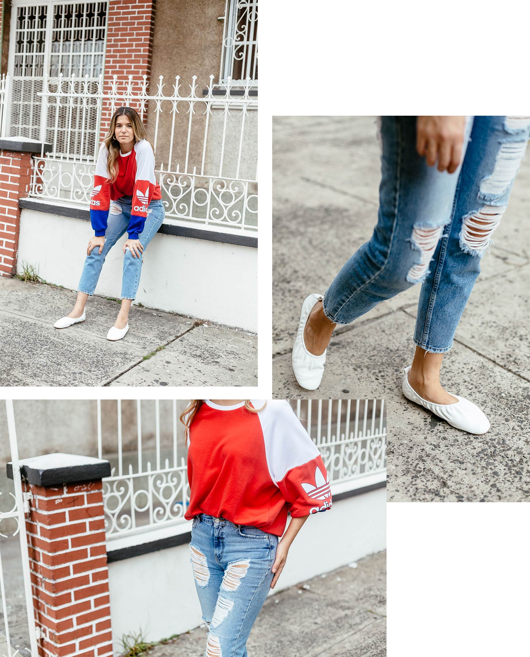 Outfit details: adidas red white and blue sweater, ripped Pull & Bear jeans, Céline white ballerina flat shoes