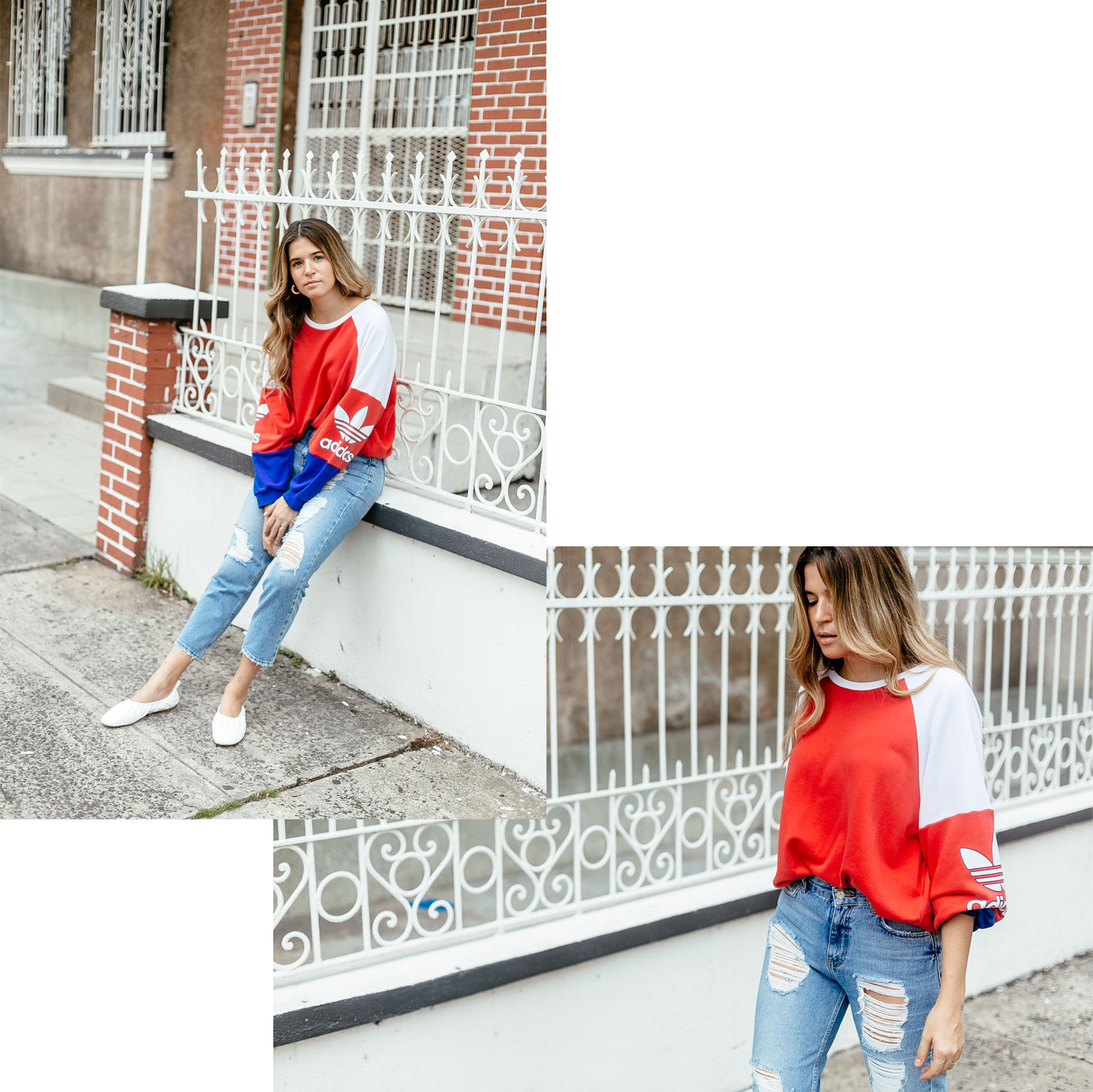 Maristella in a french style inspired outfit wearing an adidas jumper with vintage style high rise denim and Céline flat shoes