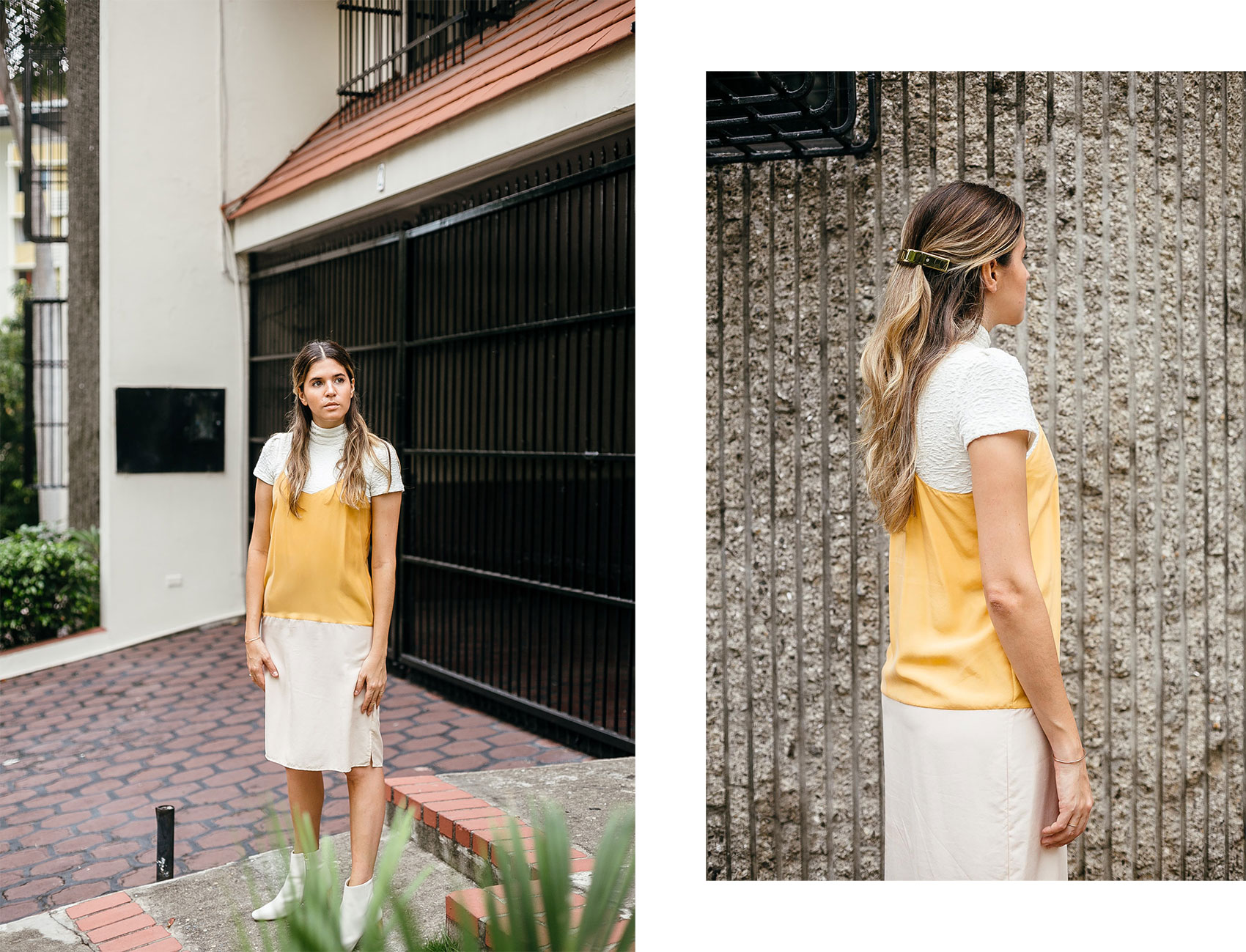 Outfit collage by blogger Maristella González wearing a minimal color block slip dress over a white turtle neck cropped top and gold barrette