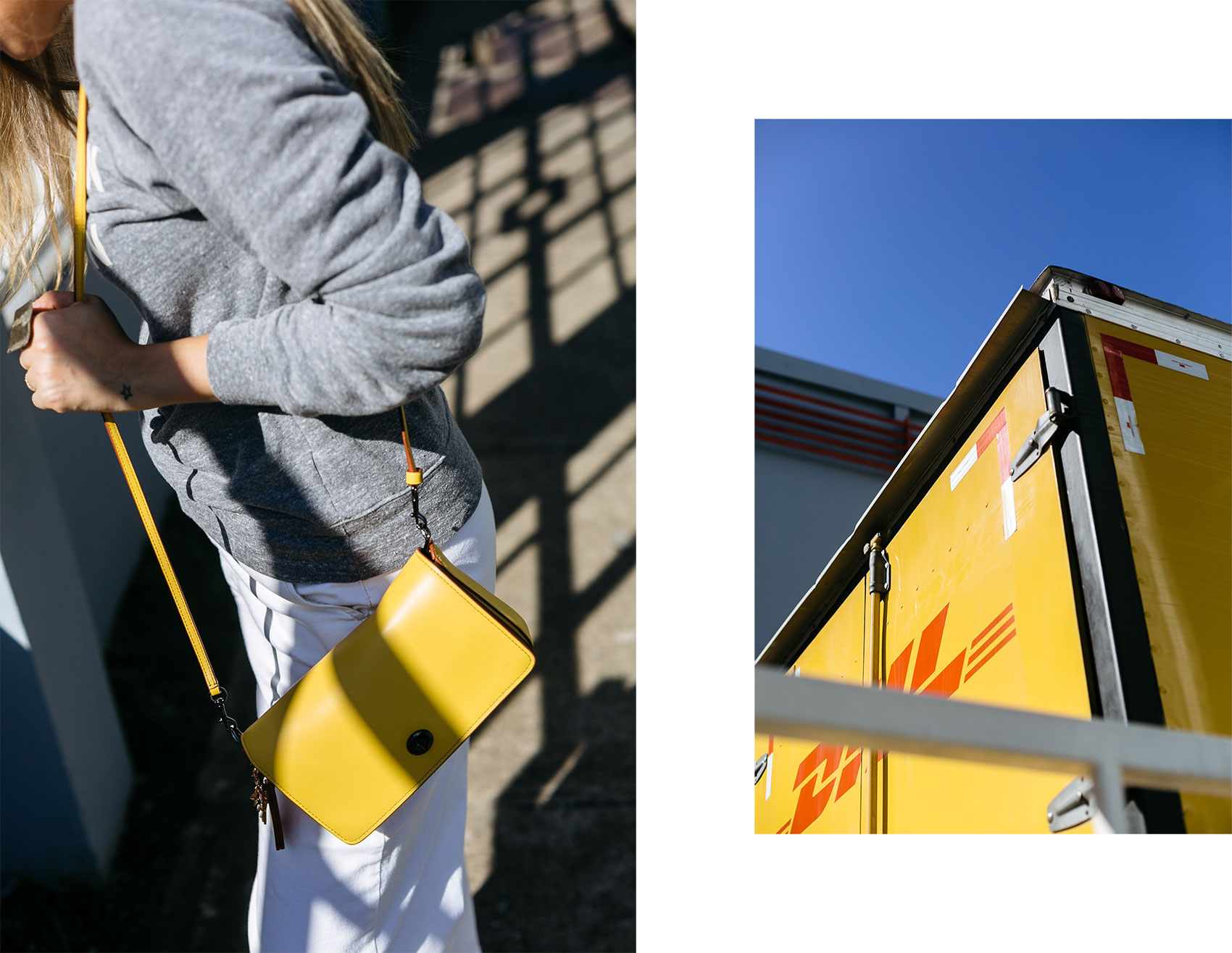 Maristella wearing a grey sweatshirt with white jeans and yellow shoulder bag