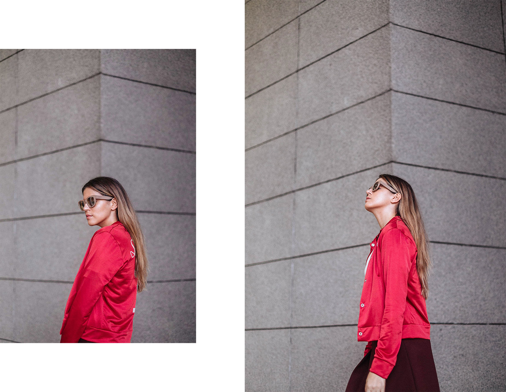 Outfit collage of Maristella Gonzalez wearing a red bomber jacket with maroon skirt from H&M