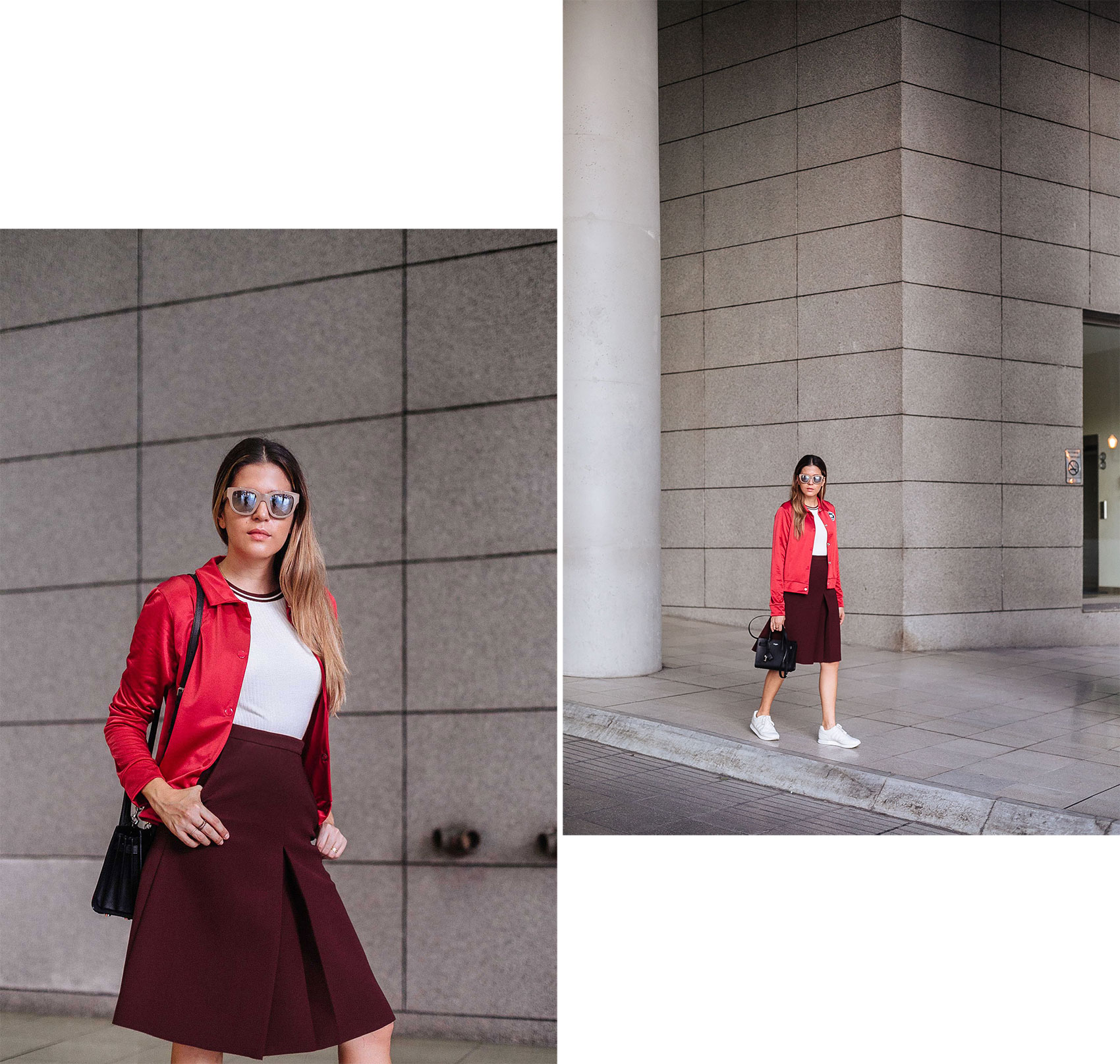 Blogger Maristella in an all red outfit mixing bright and dark hues for a statement street style inspired look