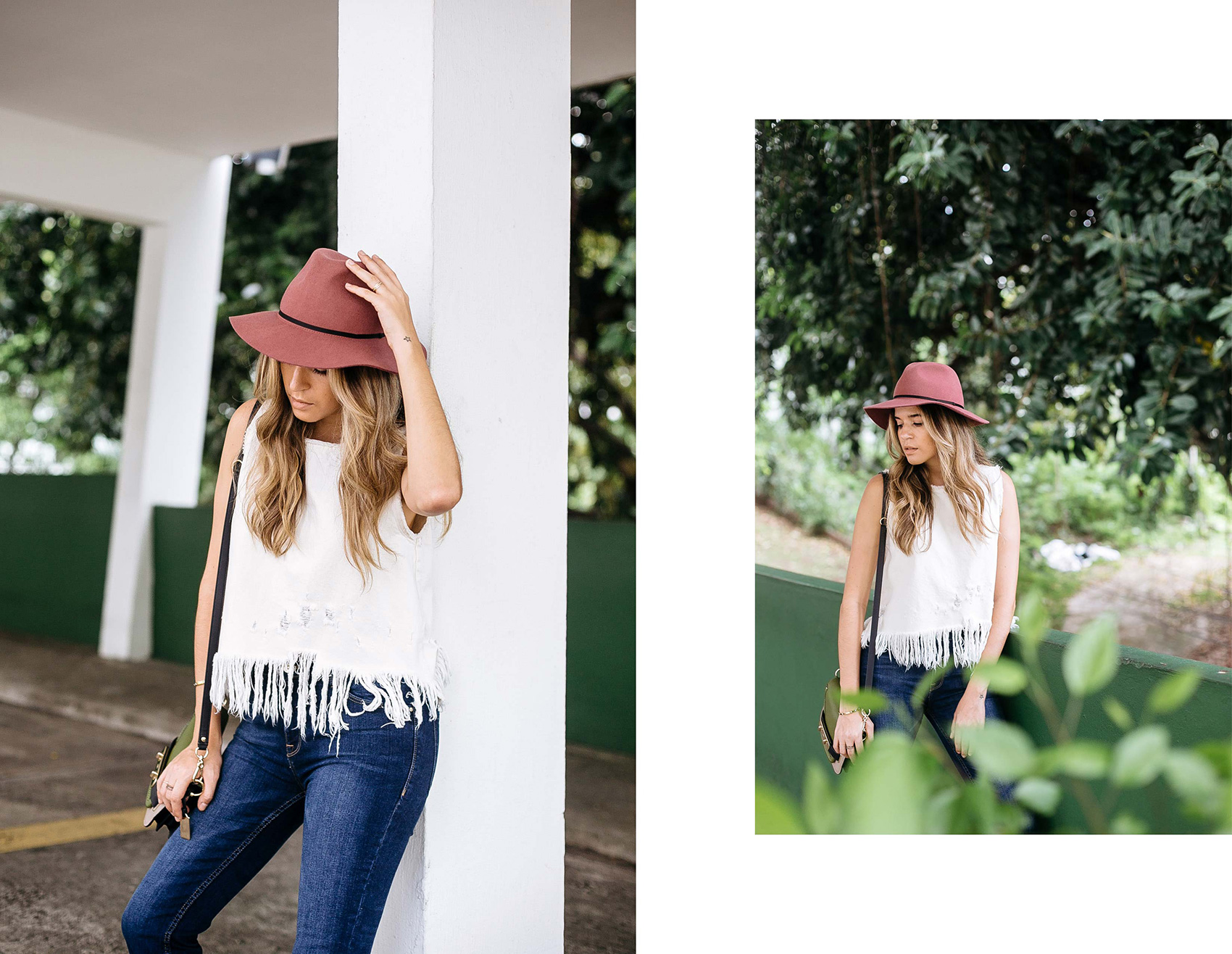 Maristella wearing a fringe hem detail top from Zara and jeans from Stradivarius