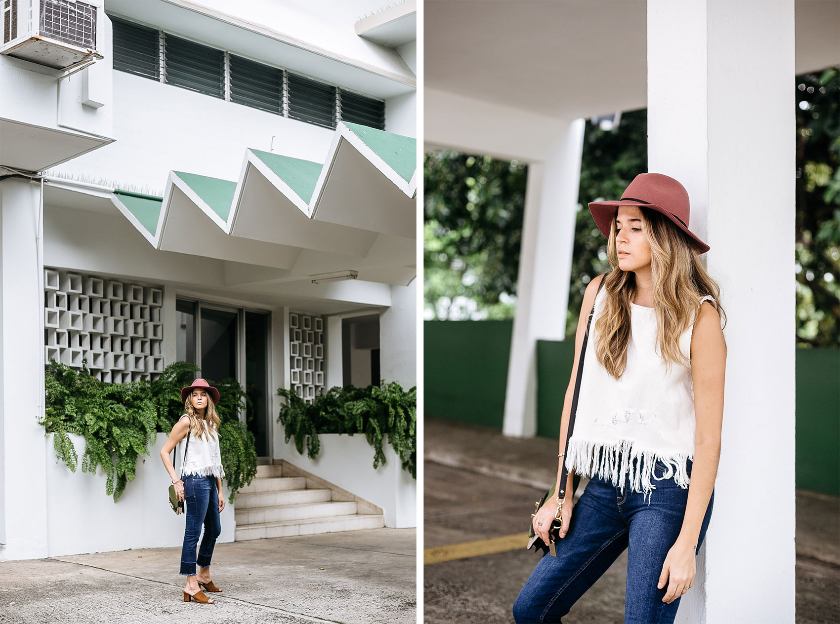 Maristella wearing a summer outfit with cropped flare jeans from Stradivarius and a boxy white denim top from Zara, suede mules from Zara and fedora hat from Asos, bag from Coach