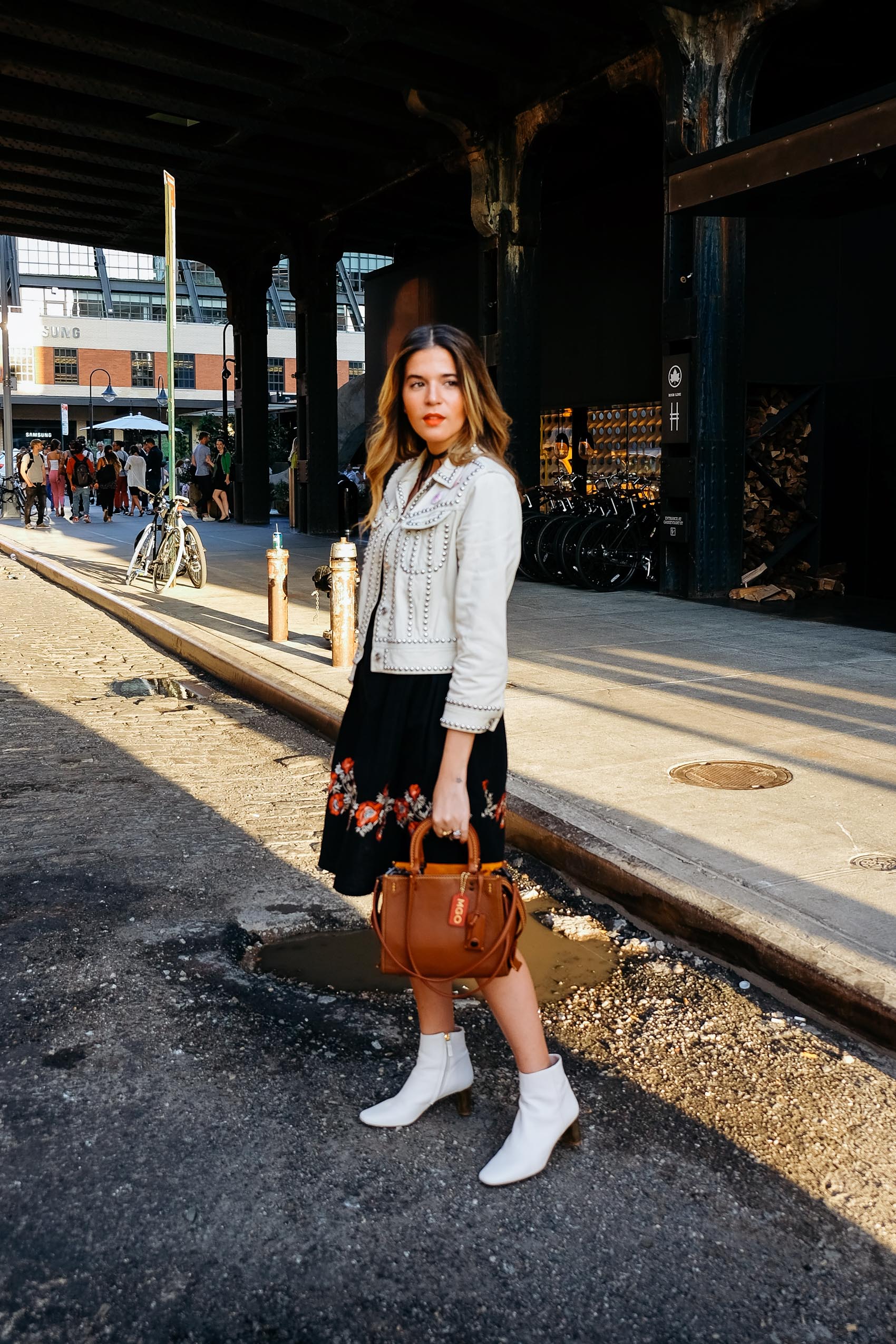 Blogger Maristella wearing a summer night outfit for the Coach High Line Party in New York