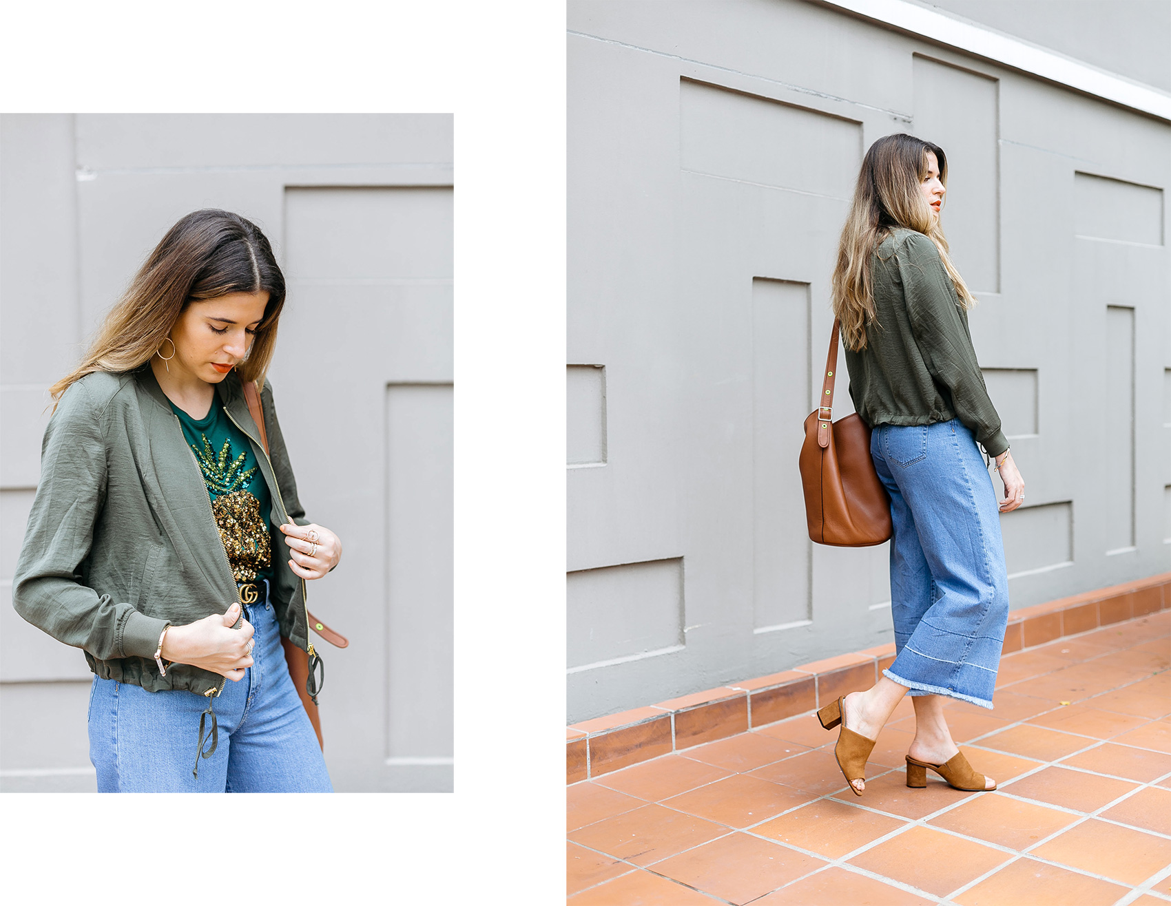 Blogger Maristella Gonzalez wearing a satin bomber jacket with denim culottes and mules