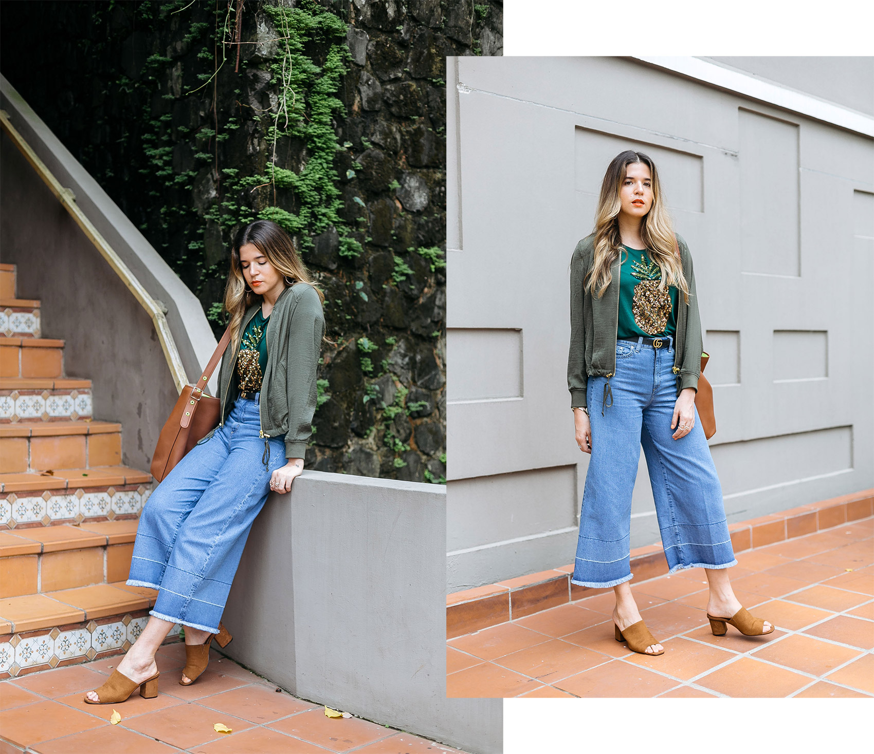 Maristella wearing denim culottes with brown suede Zara mules, satin bomber jacket and sequin pineapple t-shirt from H&M