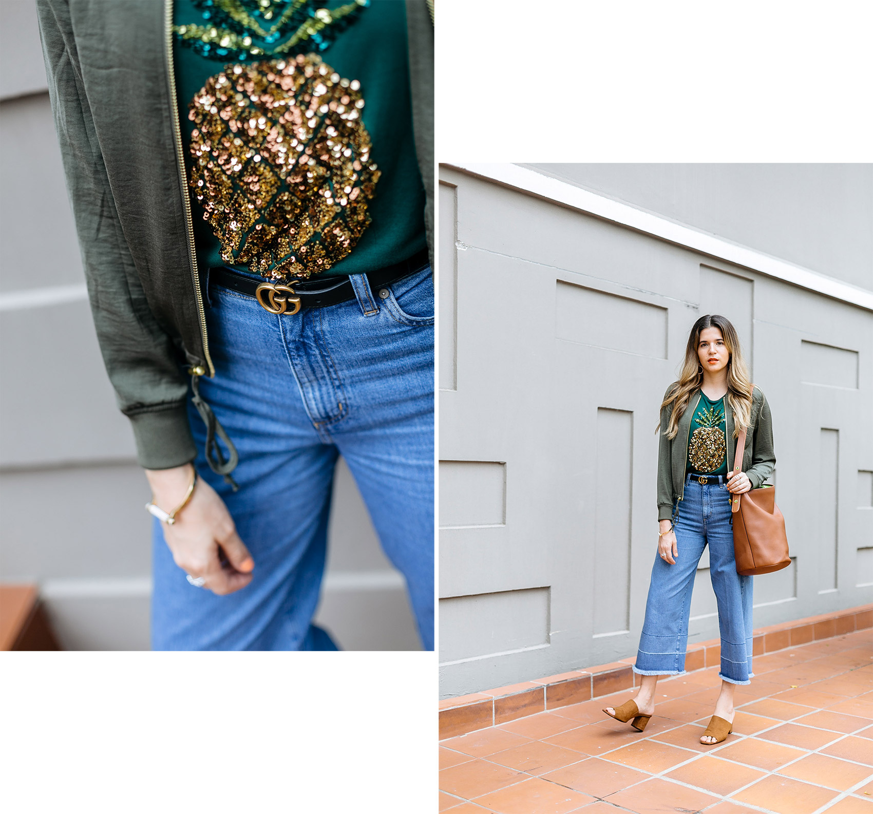 Blogger Maristella's OOTD with H&M denim, t-shirt and jacket, Gucci belt, mules and bucket bag