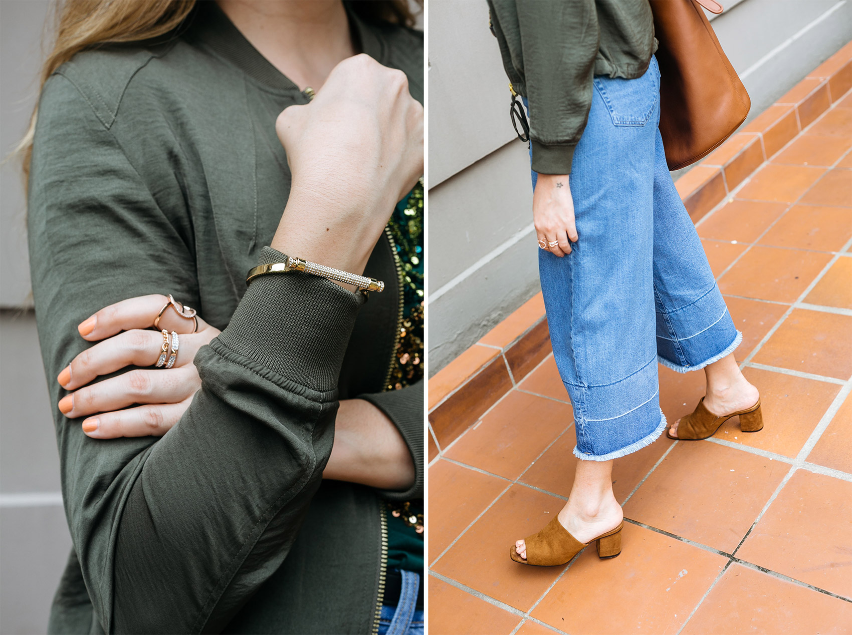 Maristella's outfit details: Swarovsky rings and bracelent, H&M satin army green bomber jacket, H&M denim culottes, Zara suede mules, Coach bucket bag