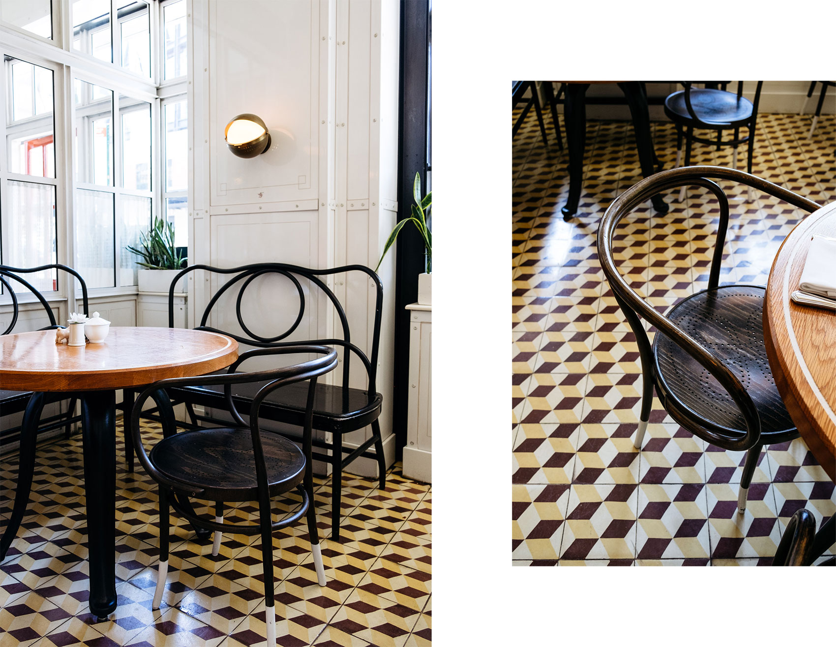 Patterned floors and bentwood chairs at The Standard Grill restaurant in the Meatpacking District New York