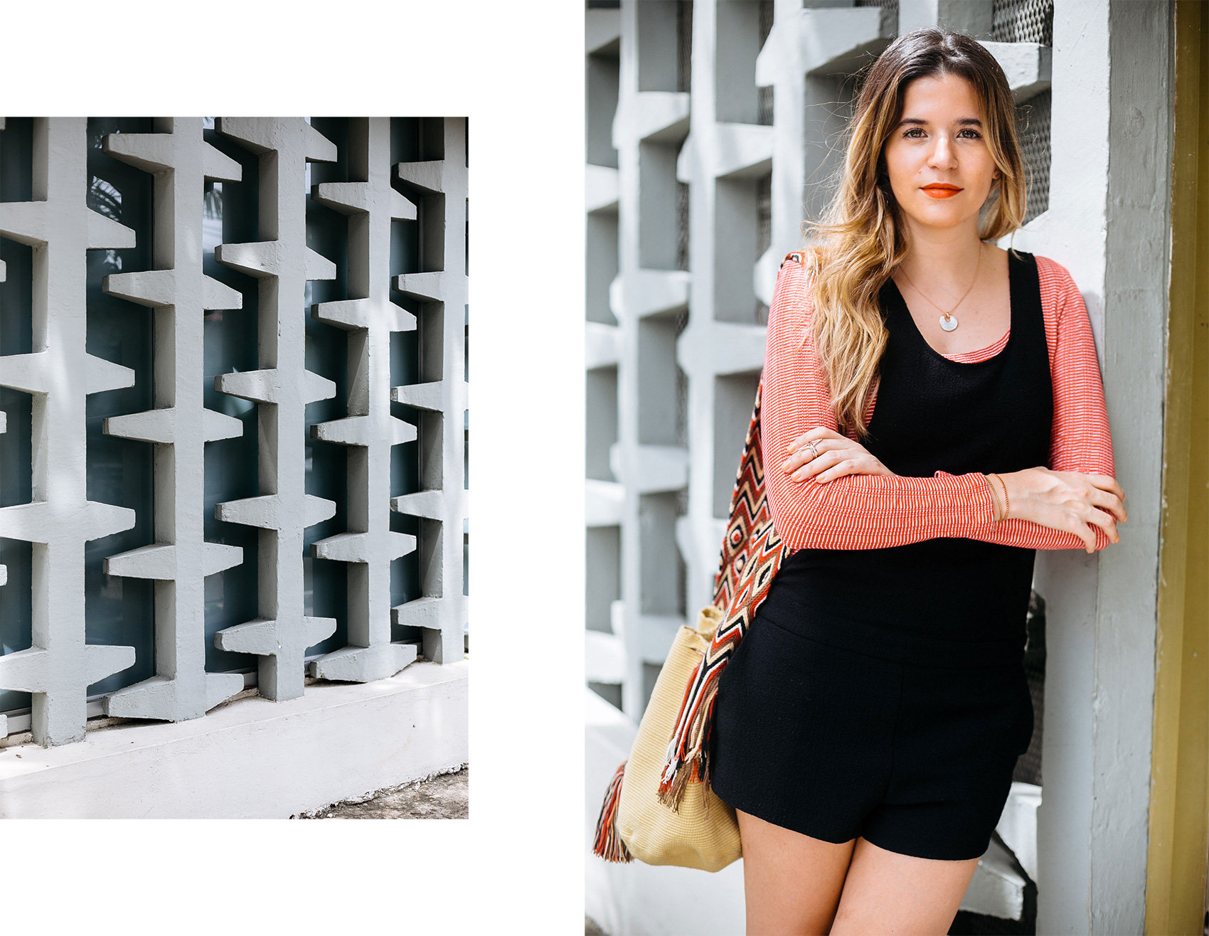 Maristella in front of a midcentury building in Panama City, wearing a black romper over a red long sleeve tee and woven Wayuu bag