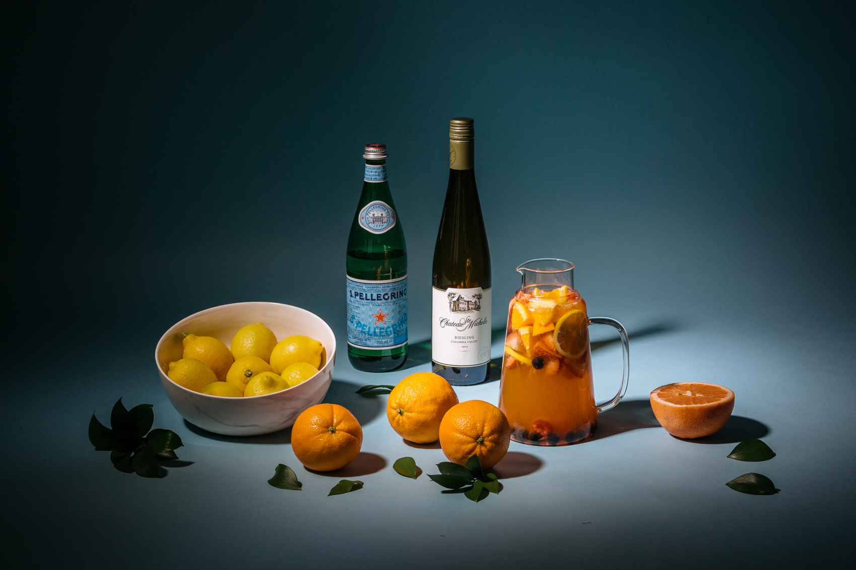 Fruit and wine still life for a white wine sangria recipe