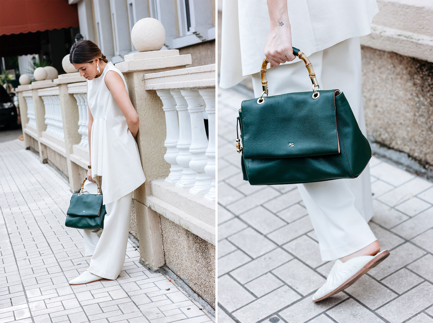 Maristella wears a white top, pants and bag from Purificacion Garcia, white mules from Dolce Vita