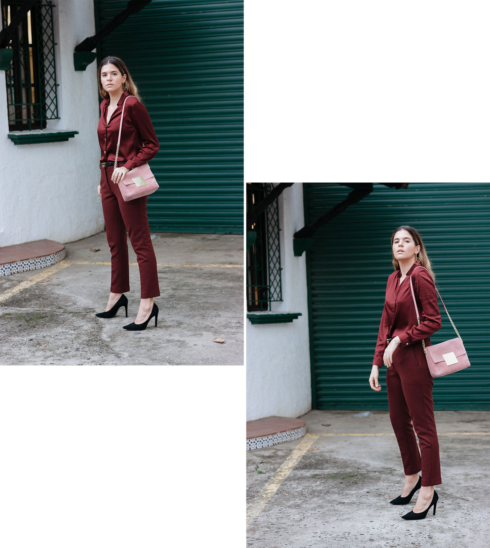 Maristella monochrome burgundy outfit idea