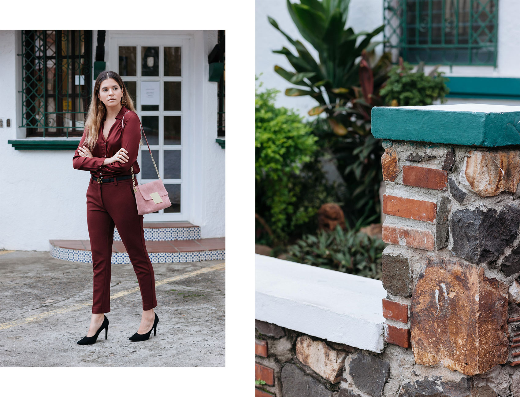 Blogger Maristella wears all wine red burgundy with dusty rose pink bag and black pumps