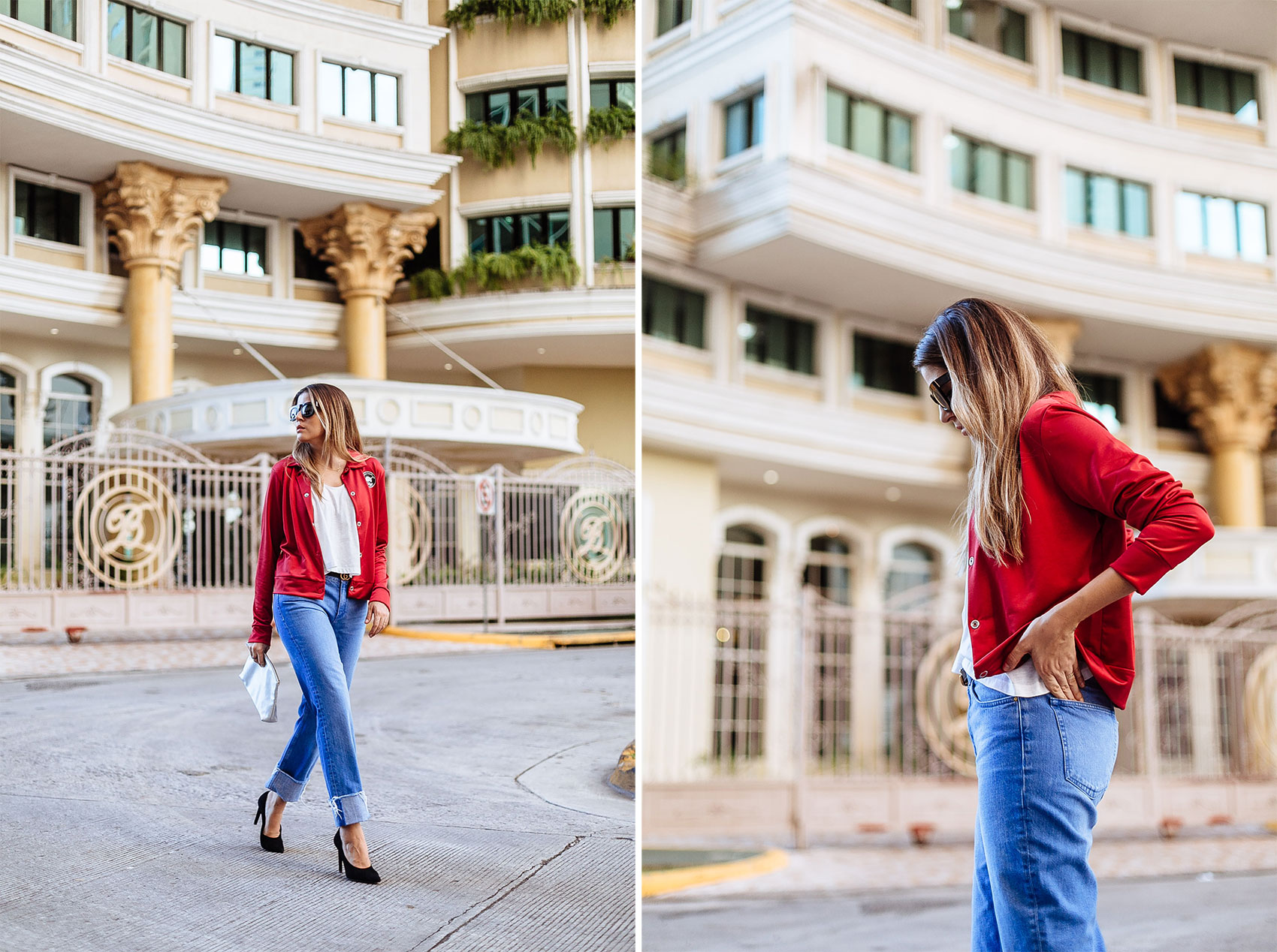 Maristella wearing a Gucci style satin red jacket with denim and black pumps