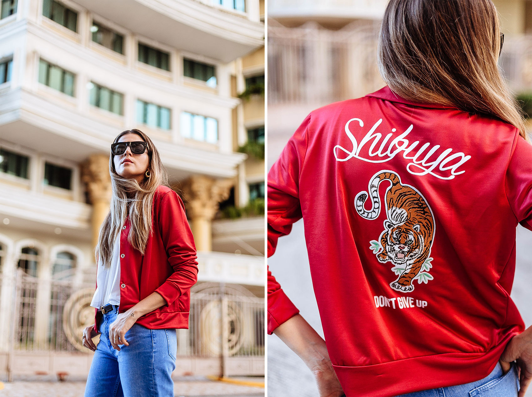 Maristella wearing sunglasses from & Other Stories, red satin jacket with embroidered tiger, jeans and Gucci belt