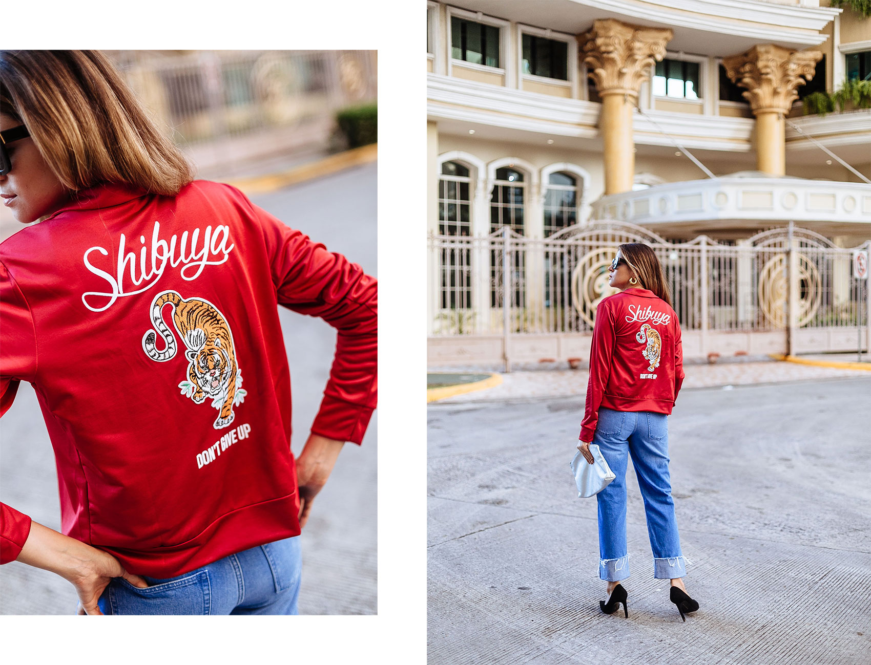 Maristella wears a Zara red satin jacket with embroidered tiger, jeans and black pumps