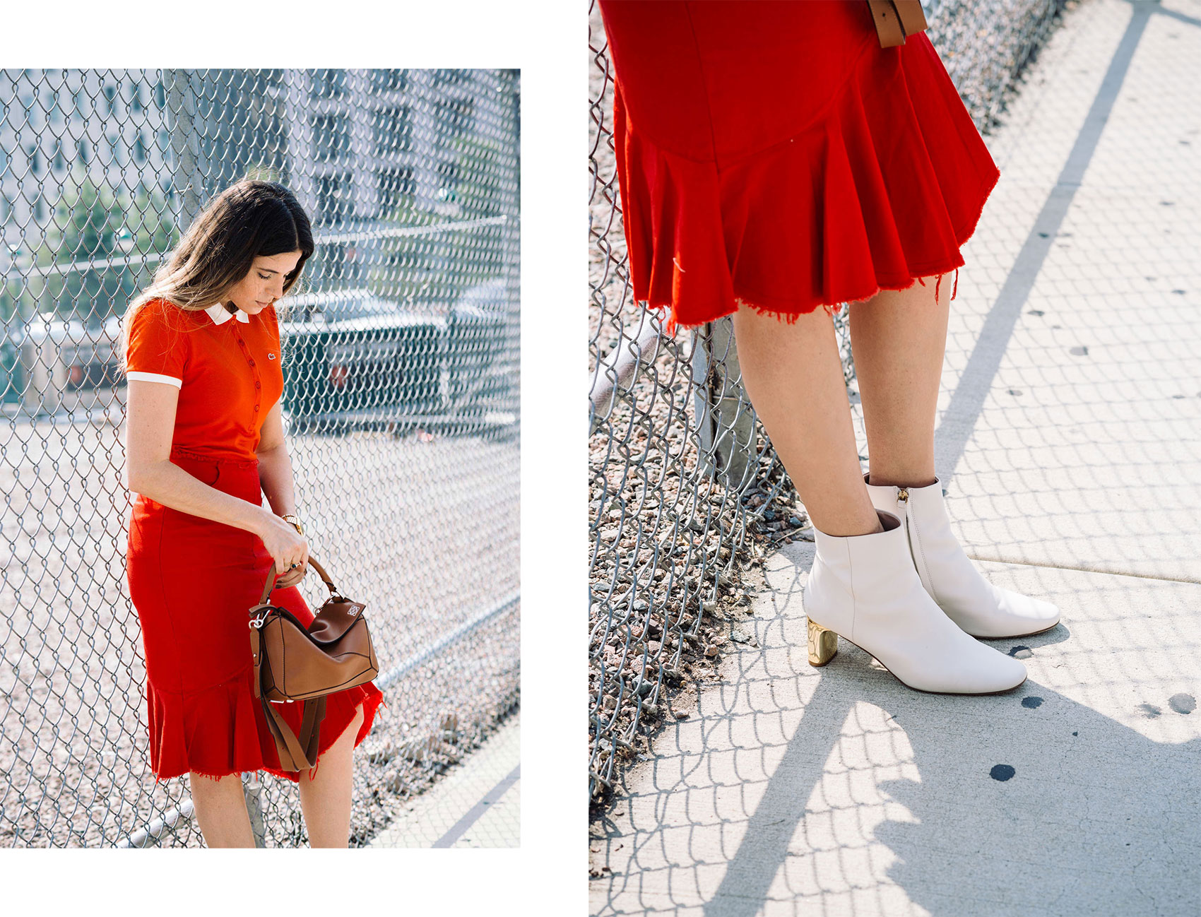 Maristella in NYFW wearing a red skirt, red Lacoste and white ankle boots