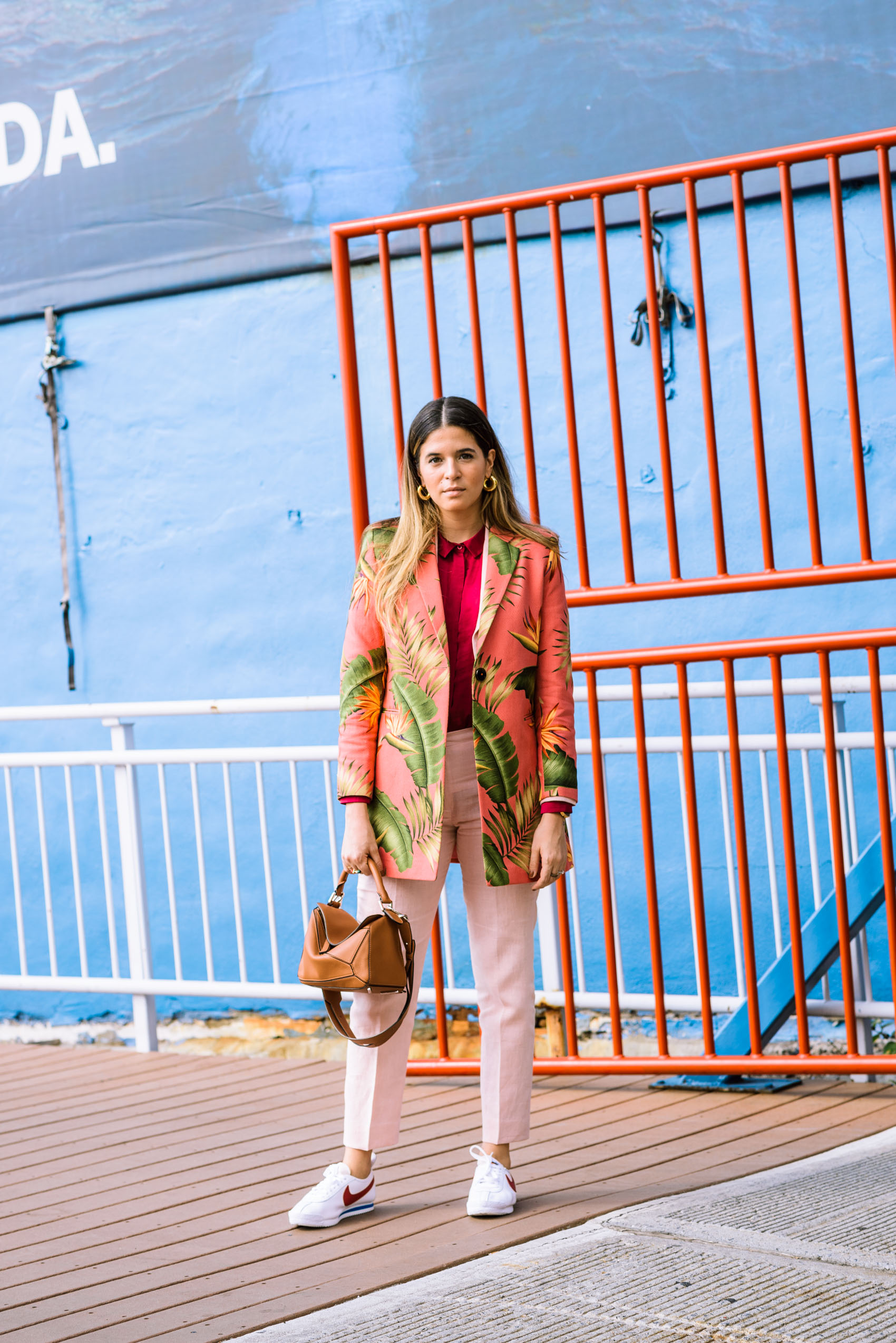 Maristella outside the Piers at NYFW wearing a printed suit jacket from Latin American label Atelier Crump