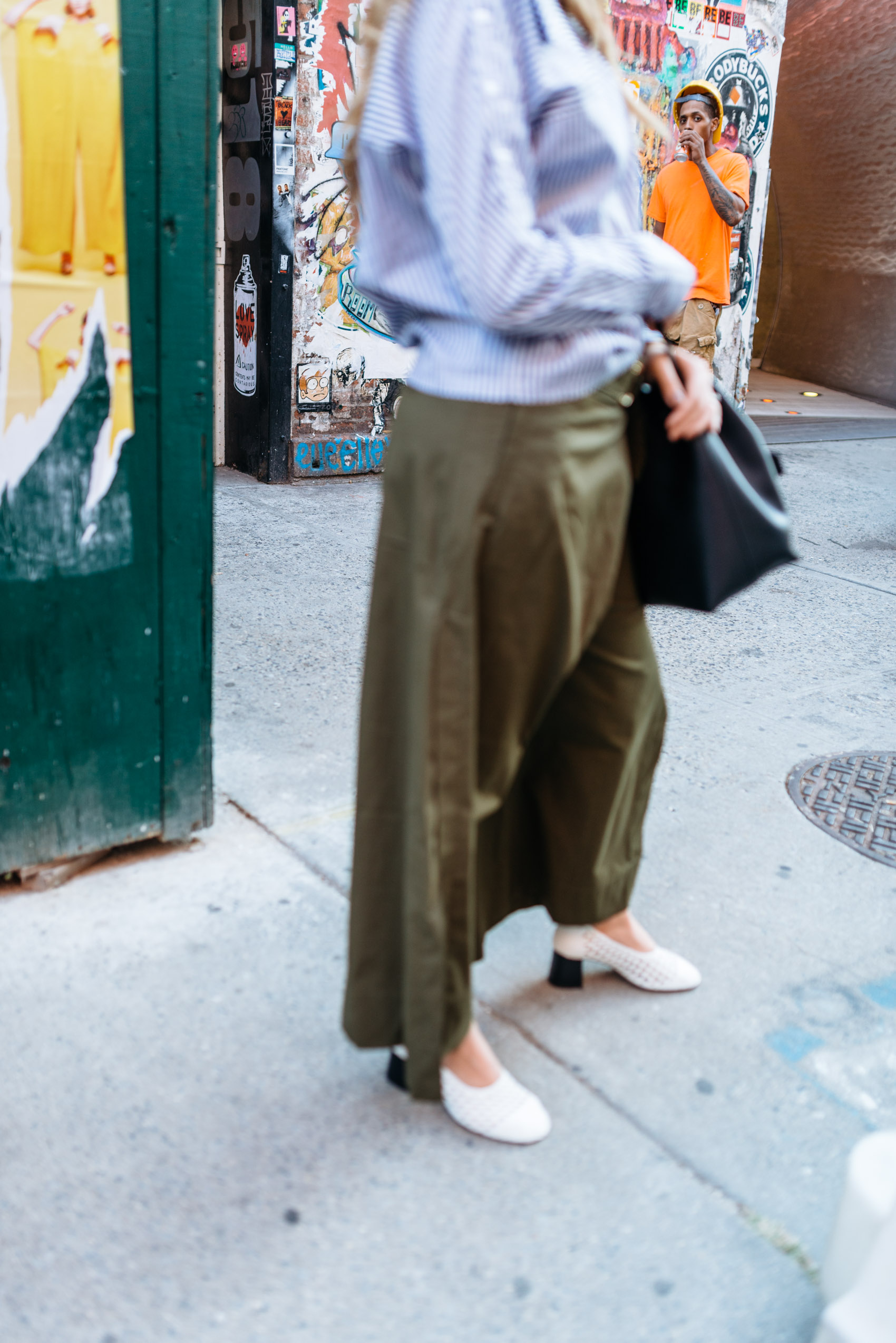 Maristella's NYFW stripe shirt and olive trouser outift