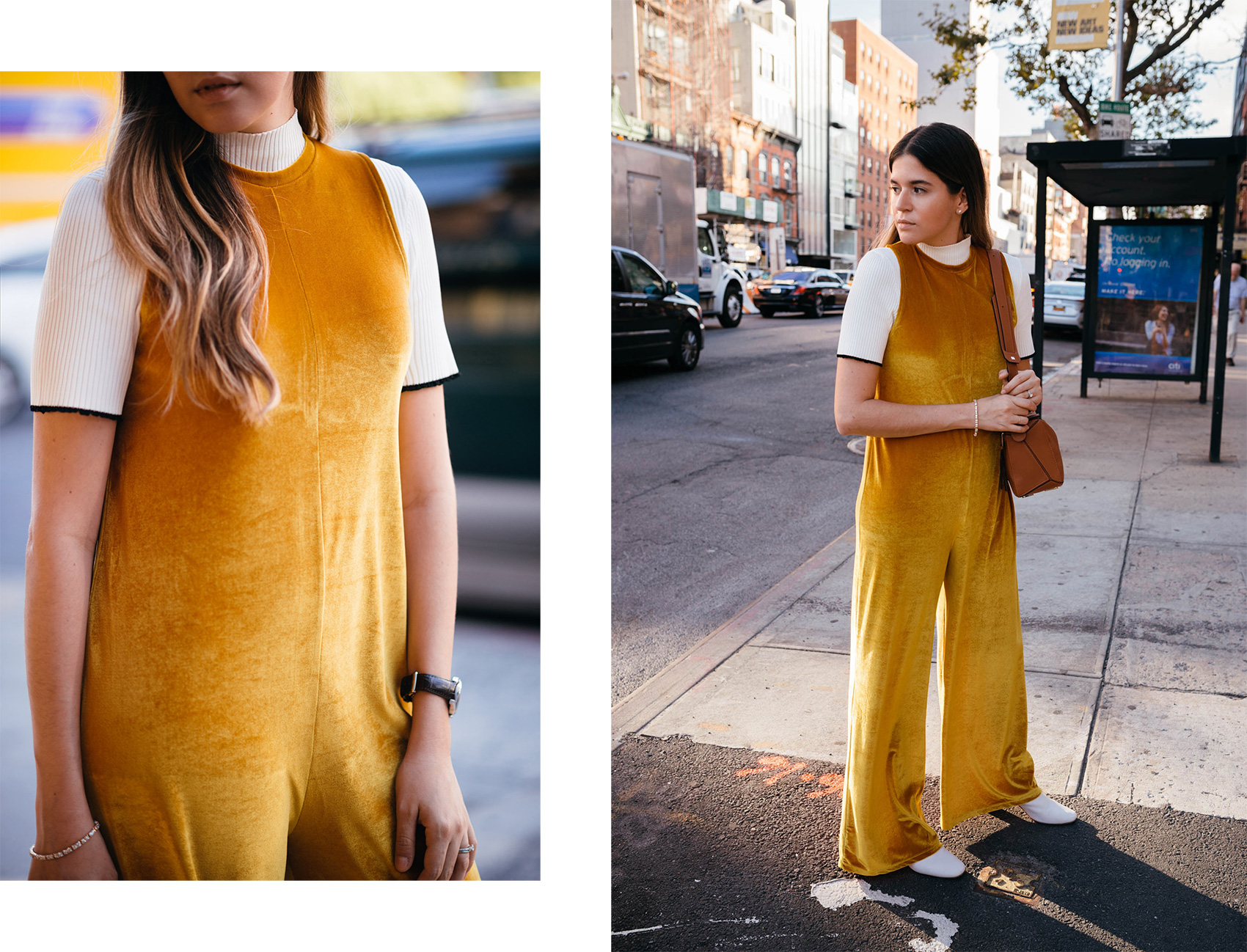 Blogger Maristella wearing a velver mustard yellow jumpsuit over a mock neck ribbed sweater