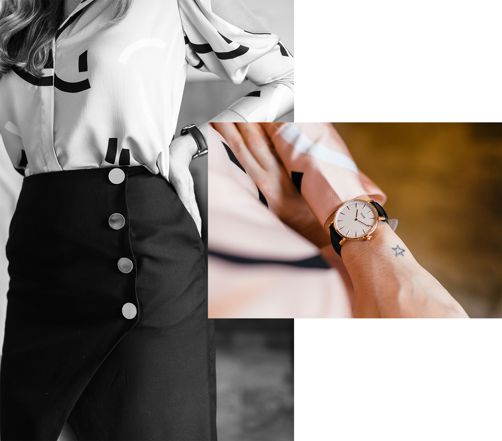 C/MEO Collective skirt and button down shirt with abstract print and open sleeves, Cluse minimalist watch with black leather strap and rose gold hardware
