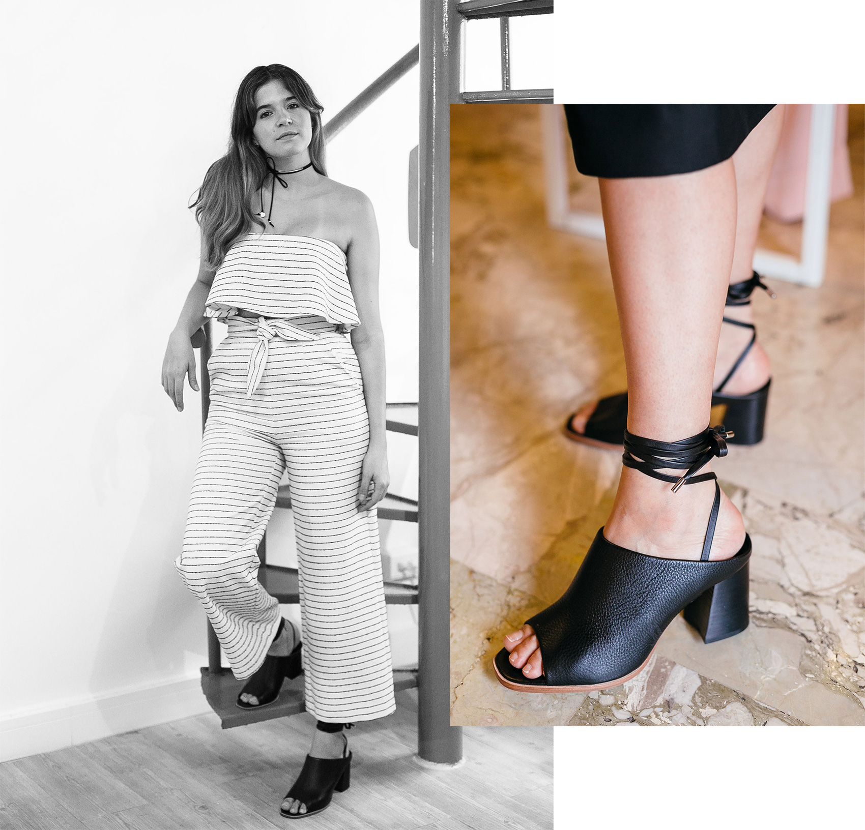 Mara Hoffman coordinated strapless crop top and culotte set in ivory and black stripes, block heel ankle tie mules from Sol Sana