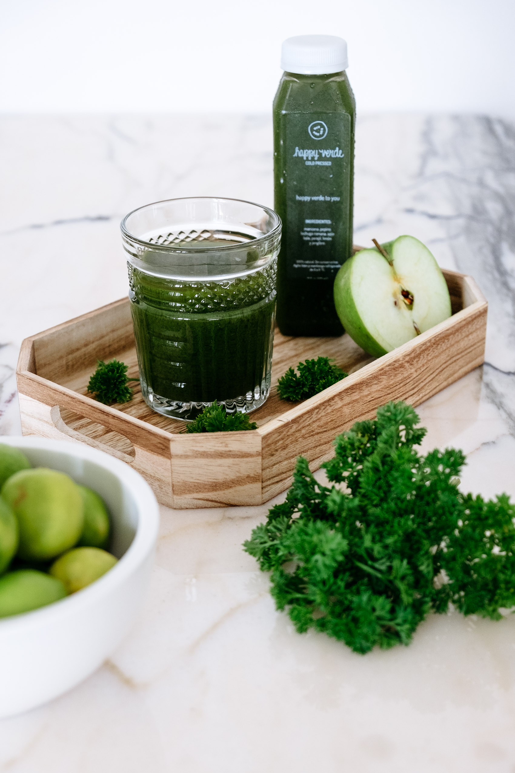 "Happy Verde To You" cold-pressed juice by Happy Verde with parsley, lemon, apples for anti-ageing results.