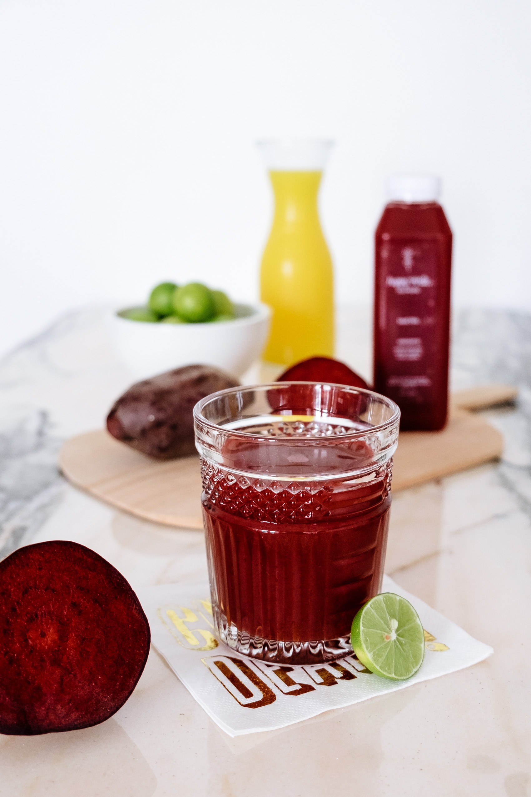 "Beet This" cold-pressed juice by Happy Verde with beets, lemon, orange and carrots for a radiant complexion.