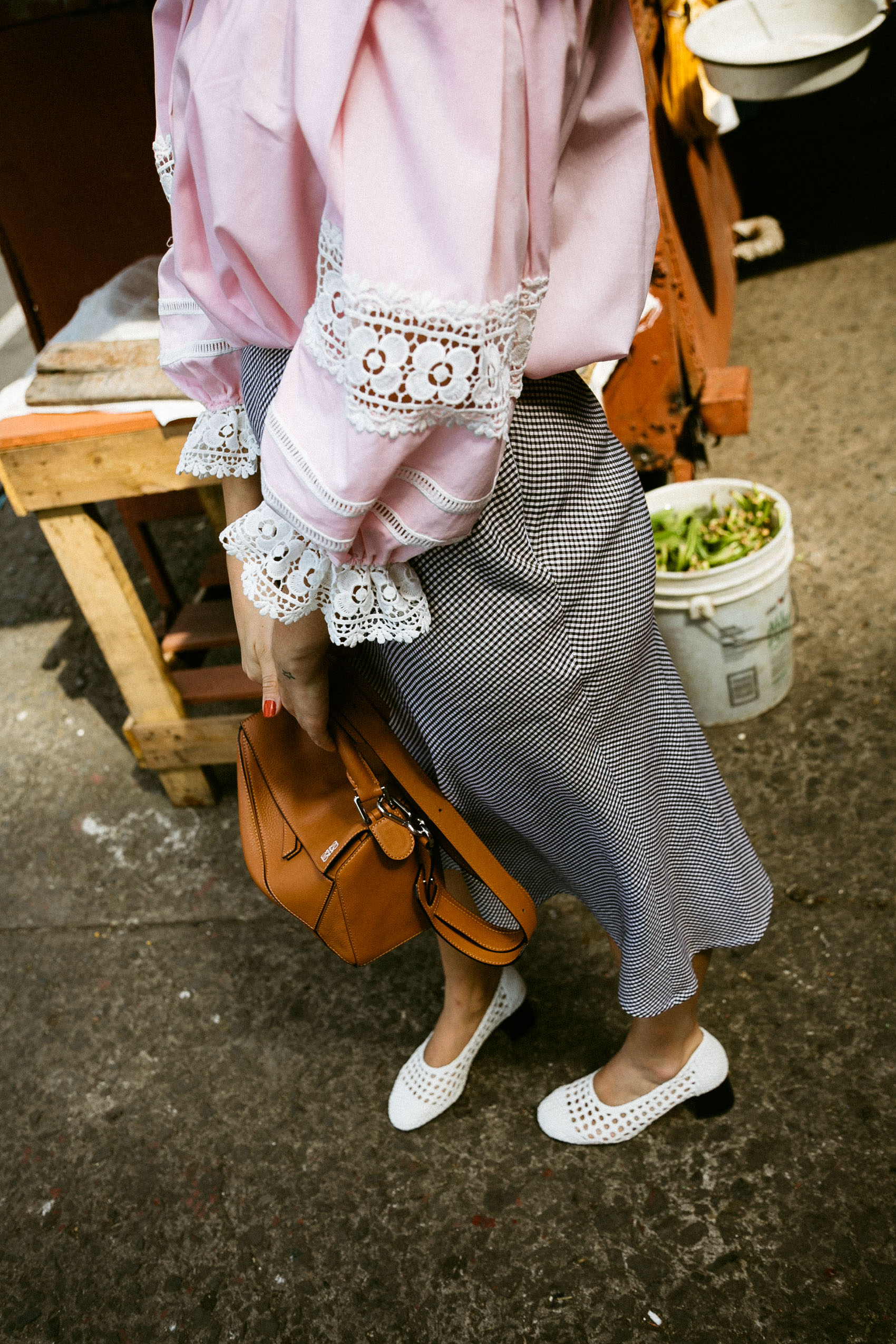 Style Mafia Lace sleeve details, vintage gingham flared skirt, Sandro white leather block heel shoes