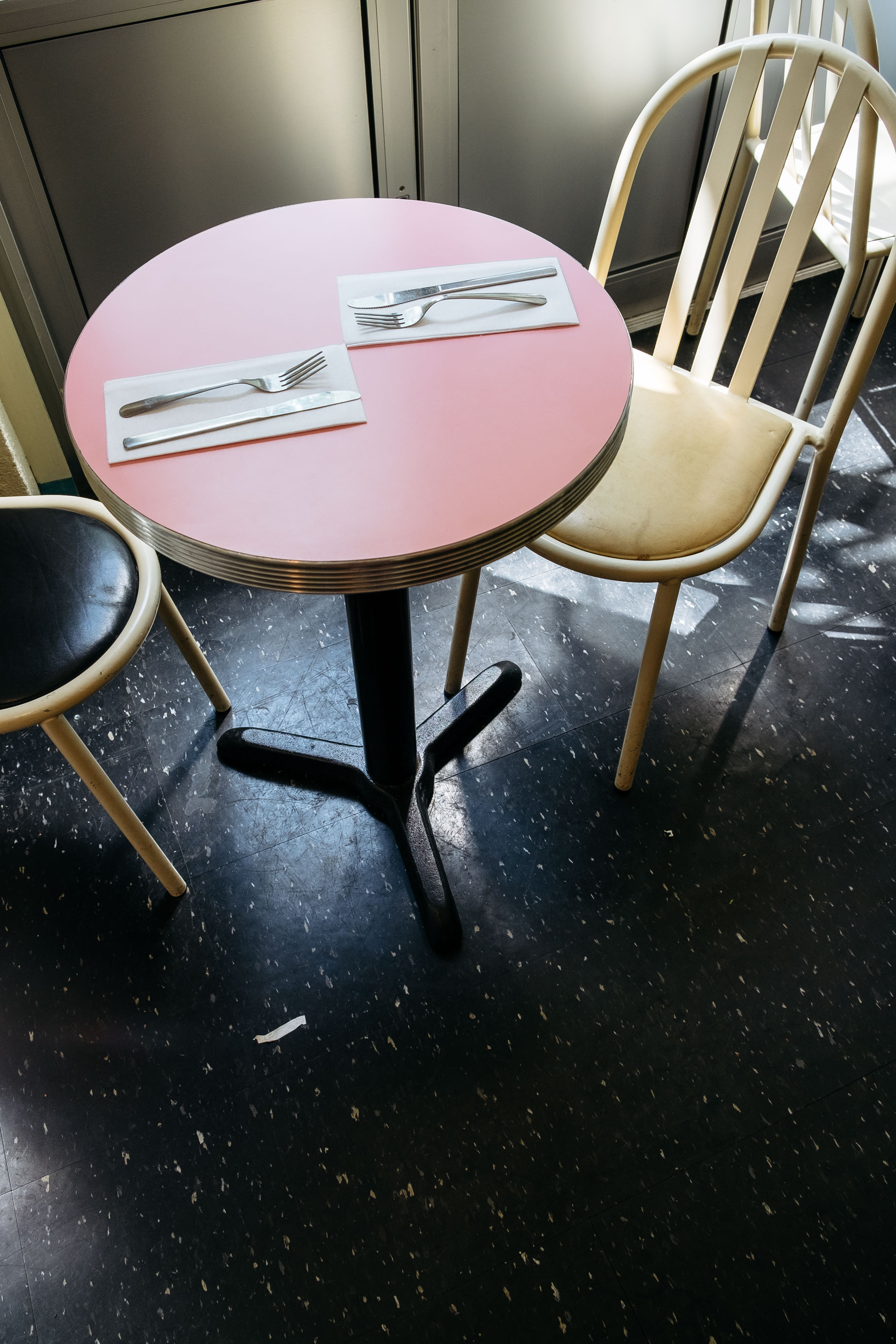 Pink table at Café Henrie in the Lower East Side
