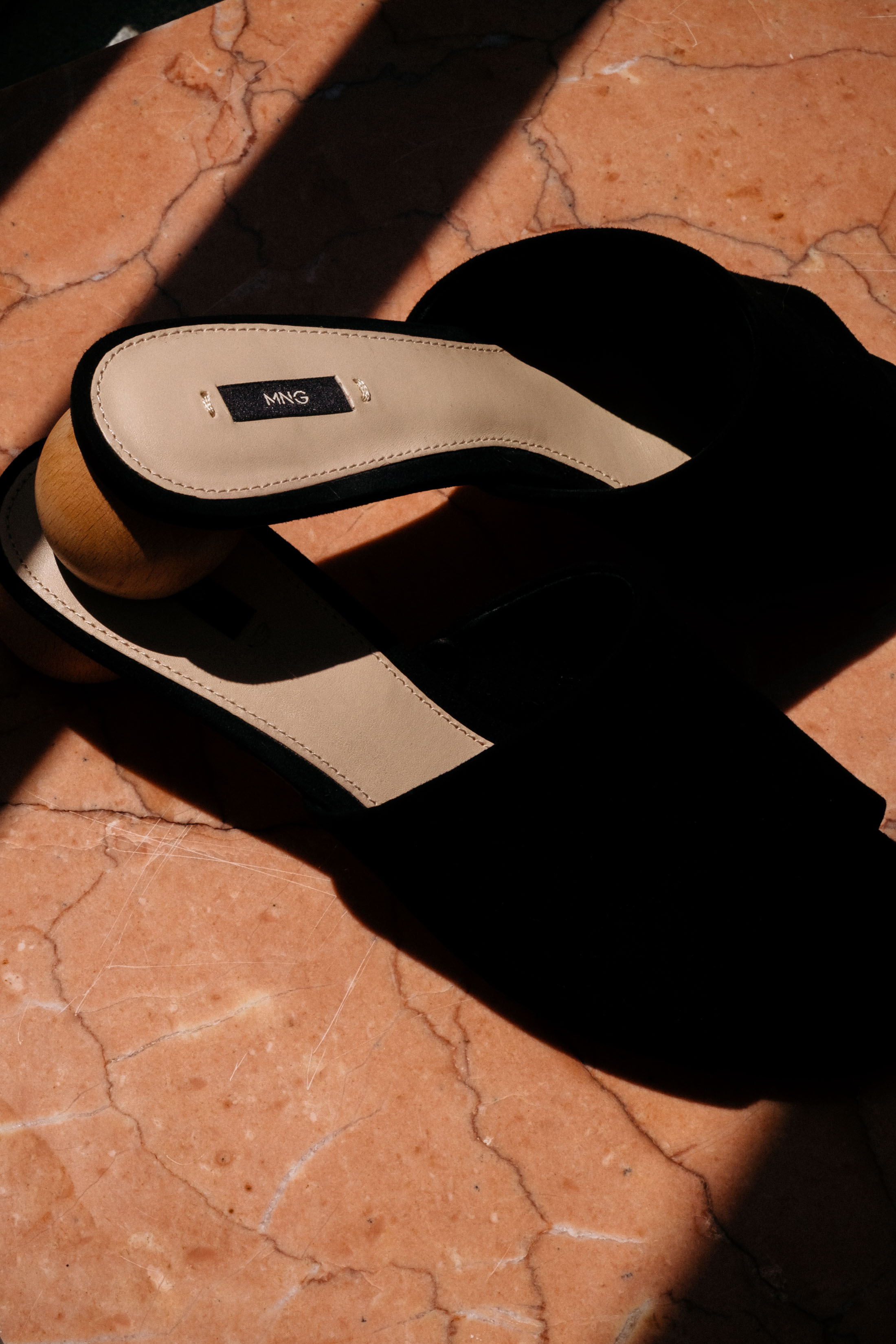 Mango suede mule sandals with circular wooden heel