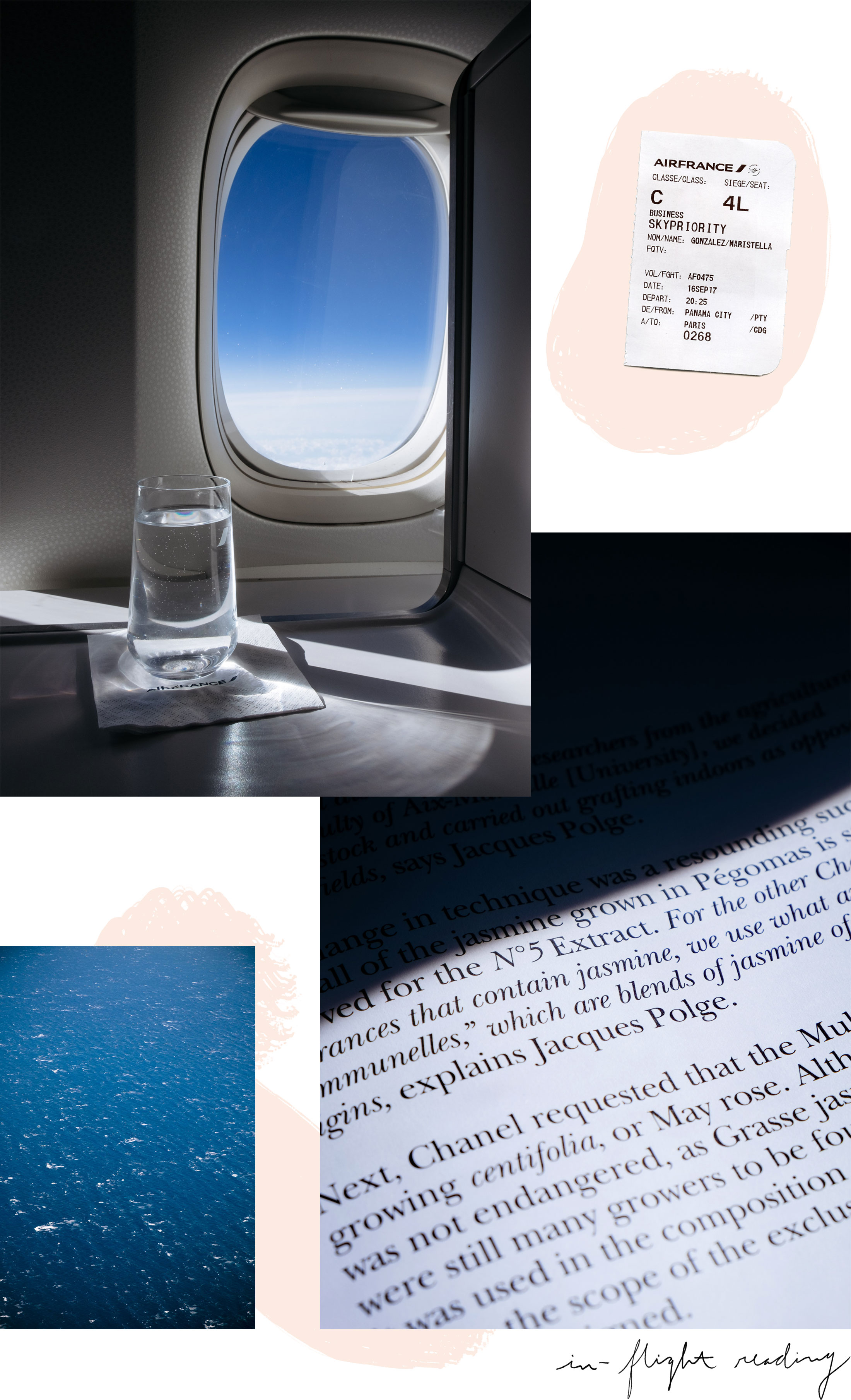 Blog photo collage with airplane glass photo, book page and the Mediterranean ocean