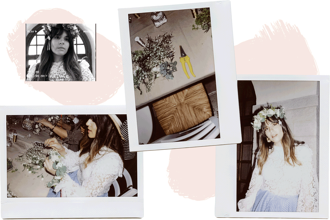 Blog photo collage with Fuji Instax polaroid photos of Maristella making flower crowns with Chanel in Grasse, France