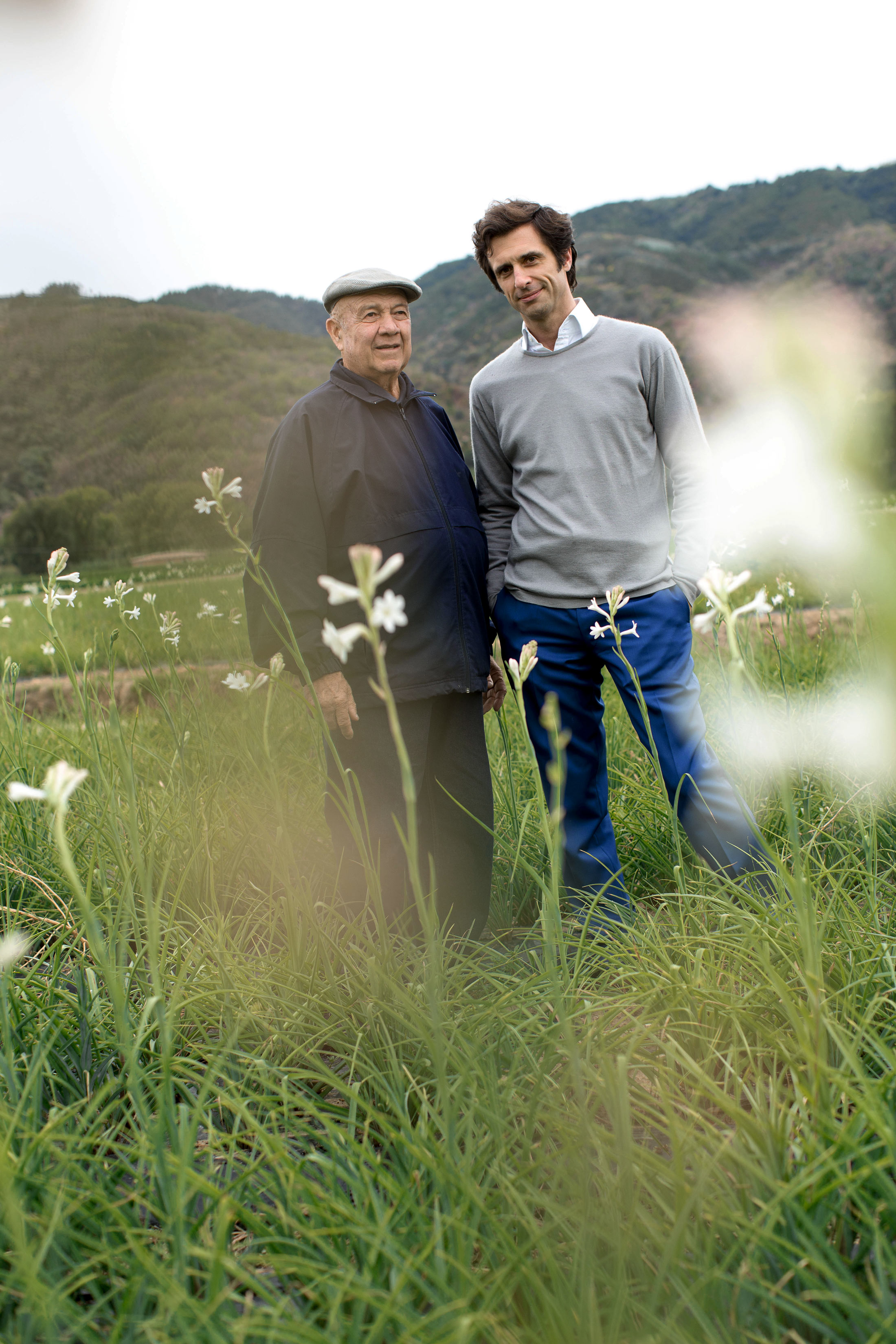 Joseph Mul and Olivier Polge in the Tuberose fields of Chanel, Grasse, France.