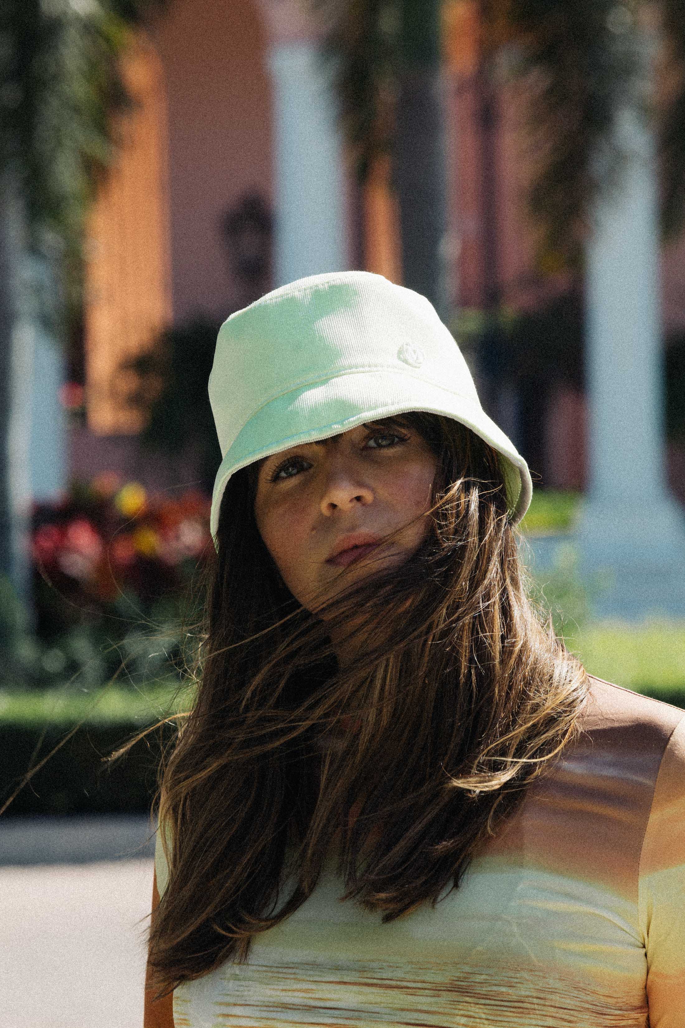 Maristella wears the Axel reversible hat from Maison Michel Spring 2019